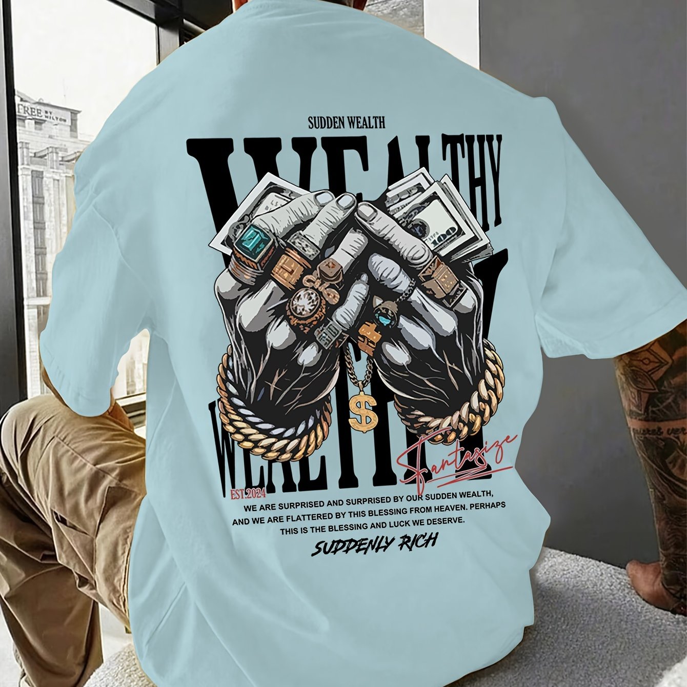 Men's Casual Graphic Tee with Unique Hand Jewelry Design - Soft Polyester Blend, Stretch Fit, Machine Washable - Perfect for Summer Outings