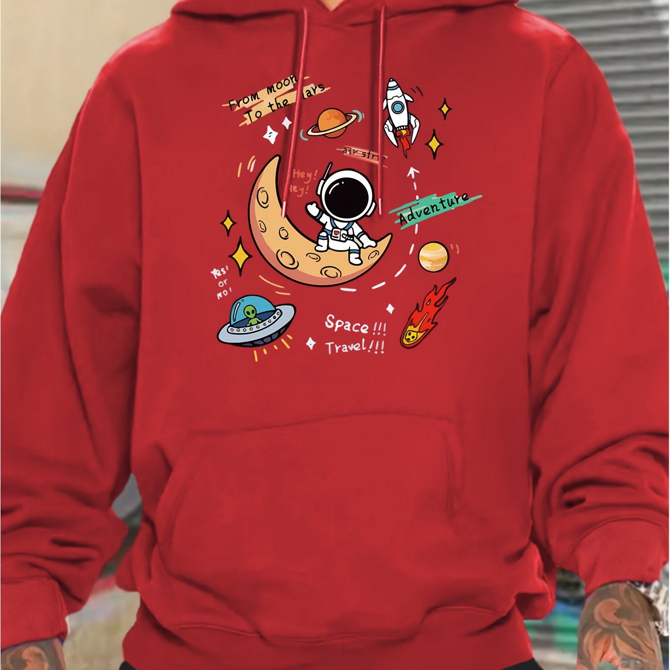 Men's Space Explorer Hoodie - Casual & Comfy Polyester Drawstring Sweatshirt with Astronaut & Planets Design, Perfect for Fall/Winter, Astronaut Decor