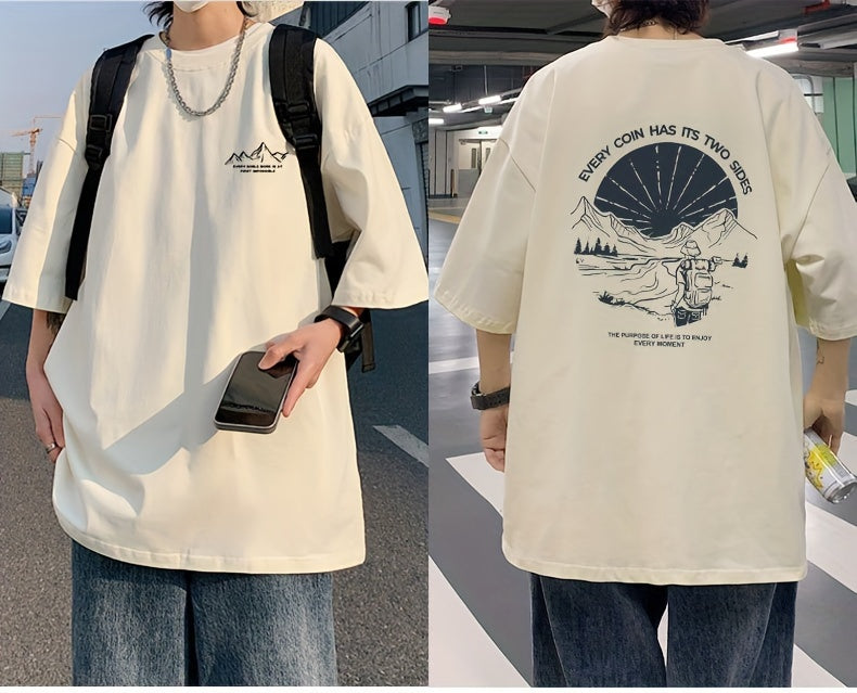 Men's Loose 100% Cotton Mountain Graphic Print T-shirt, Casual Short Sleeve Crew Neck Tee, Men's Clothing For Summer Outdoor