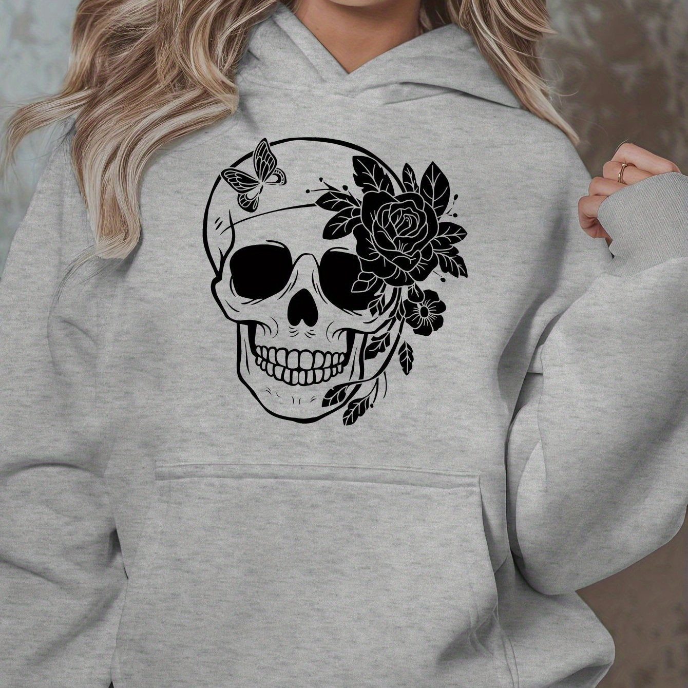 1pc Women'S Plus Size Casual Hoodie with Floral Skull Print, Polyester Knit Sweatshirt, Long Sleeve Pullover with Pockets, Letter Pattern, Round Neck Hooded Top, with Autumn/Winter Fashion