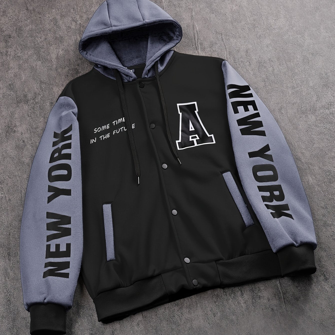 1pc Men'S Casual Knit Fabric Hooded Jacket with Letter Print, Long Sleeve, Snap Closure, Pocket Detail, No Lining - Daily & Casual Wear Baseball Style Hoodie