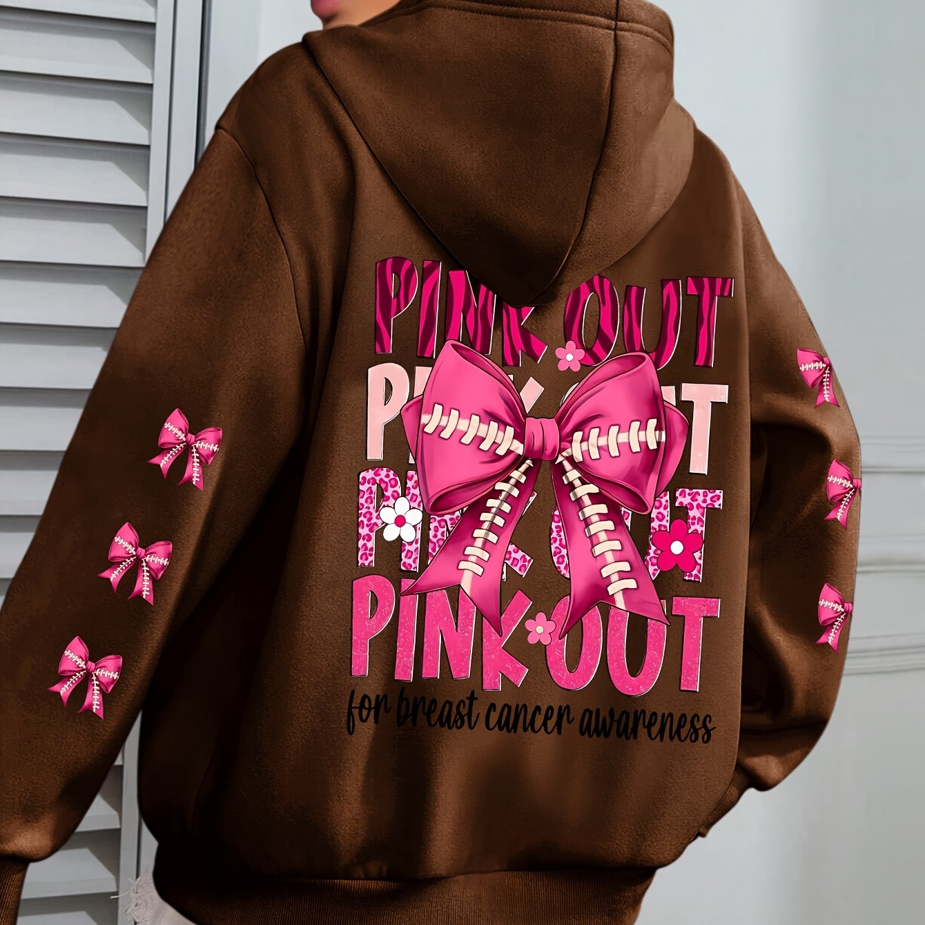 Women'S Plus Size Hoodie with Pink Ribbon Bowknot Print, Casual Long Sleeve Pullover with Pocket, 100% Polyester Knit Fabric, Slight Stretch, Fall/Winter Hooded Sweatshirt, Breast Cancer Awareness Design