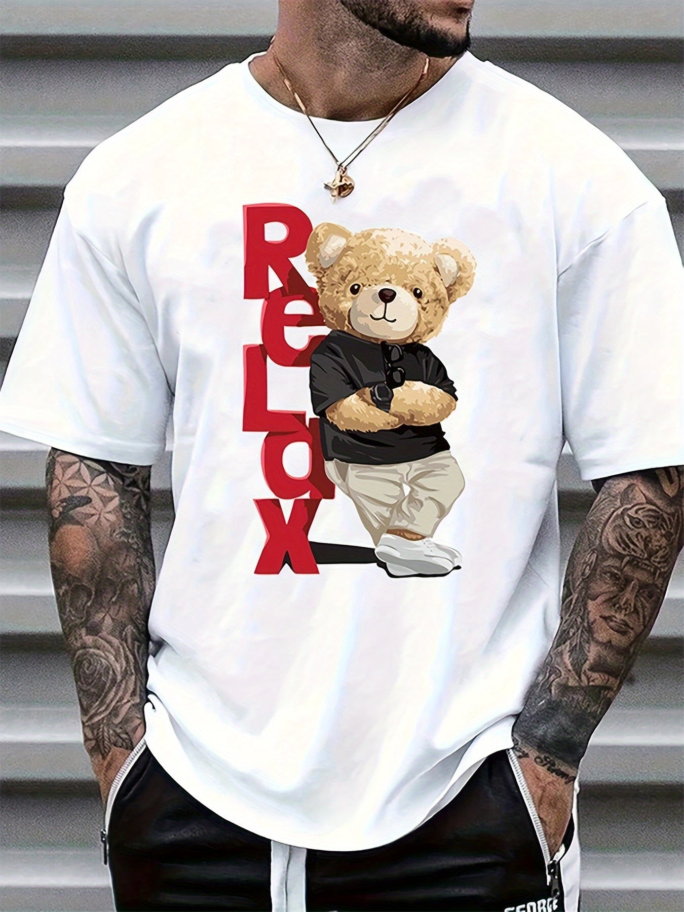Men's Trendy Bear Print Short Sleeve T-Shirt - Comfortable Polyester Blend, Round Neck, Machine Washable for Summer, Leisure Style, Conventional Version, Summer