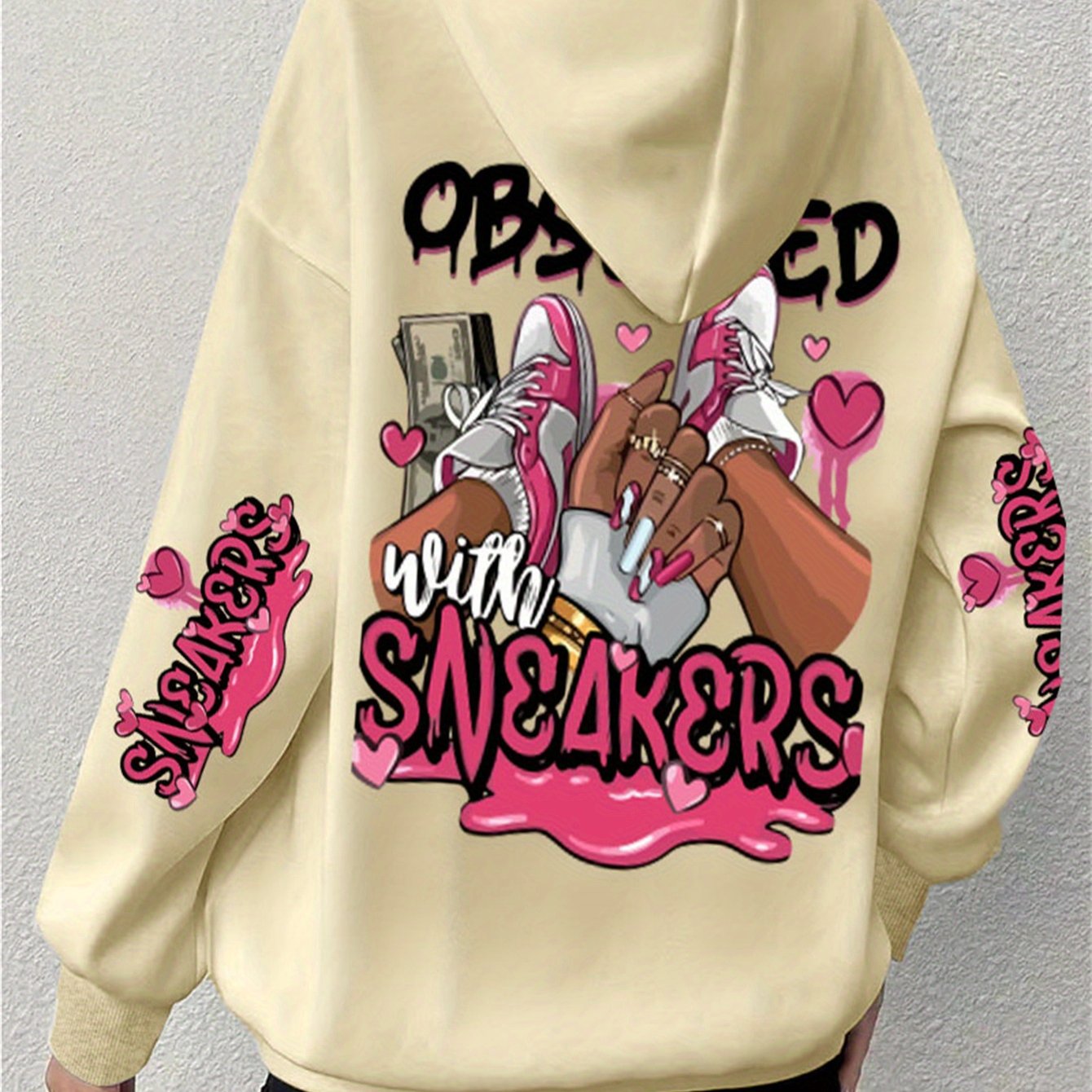 Casual Plus Size Hoodie with Long Sleeve Letter Print, Polyester Knit Pullover - Machine Washable, Hoodie Plus Size
