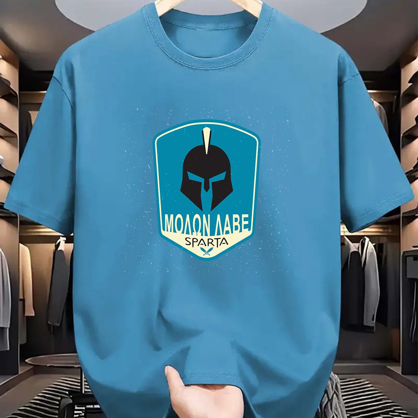 Men's SPARTA Graphic Tee - Beige Crew Neck Short Sleeve T-Shirt with Blue Spartan Helmet Design, 100% Polyester, Casual Summer Wear for Everyday & Special Occasions, Cool Oversized Tee Shirts