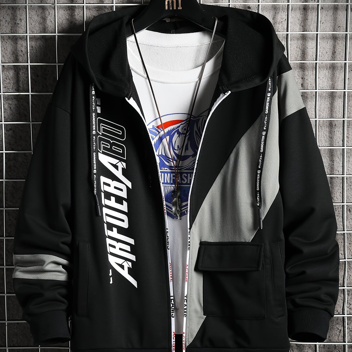 Men's Casual Hoodie with Geometric Print - Cozy & Warm Zip-Up Jacket for Fall/Winter, Polyester Blend, Young Fashion, Sports