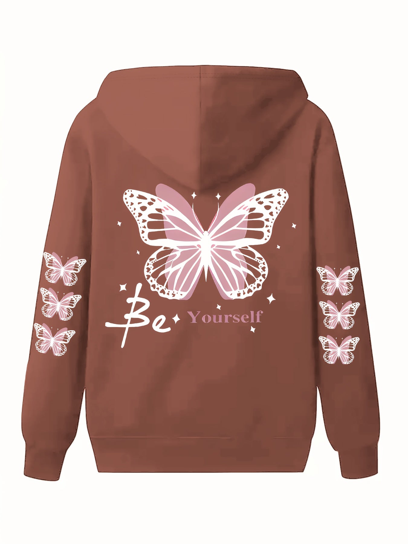 Women's Plus Size Butterfly & Letter Print Hoodie - Casual Long Sleeve Pullover with Pockets, Machine Washable, Extended Version, Sports Shirt