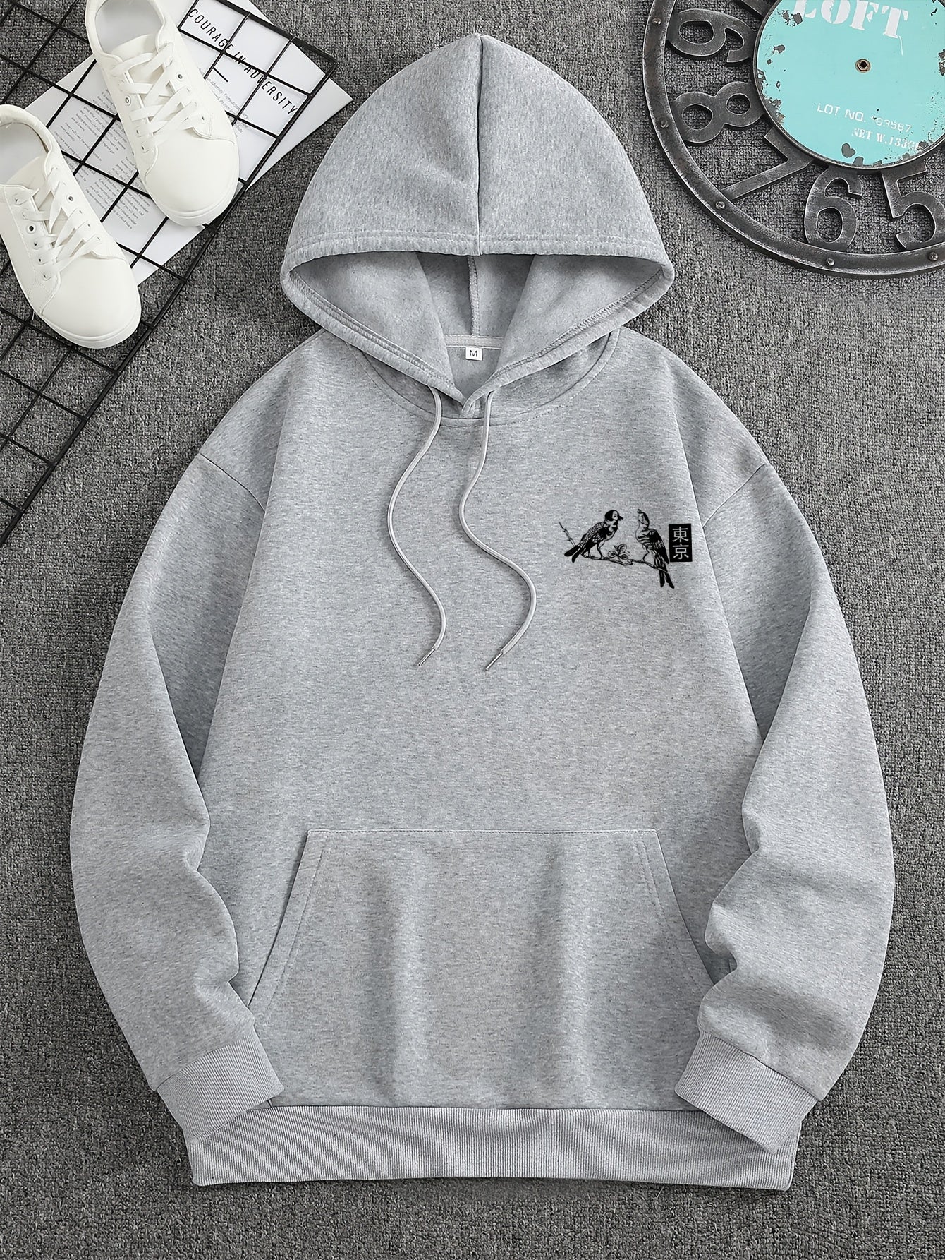 1pc Men'S Casual French Terry Hoodie with Tokyo Print, Geometric Pattern, Non-Stretch Knit Fabric, Loose Fit, Regular Length, Hooded Collar, and Pocket Detail