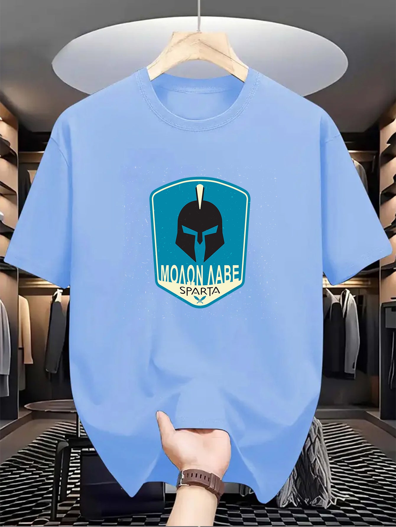 Men's SPARTA Graphic Tee - Beige Crew Neck Short Sleeve T-Shirt with Blue Spartan Helmet Design, 100% Polyester, Casual Summer Wear for Everyday & Special Occasions, Cool Oversized Tee Shirts