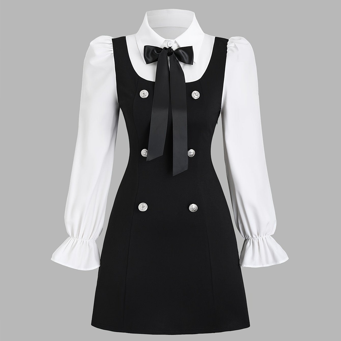 2 In 1 Double-breasted A-line Dress, Chic Bow Neck Long Flounce Sleeve Dress For Spring & Fall, Women's Clothing