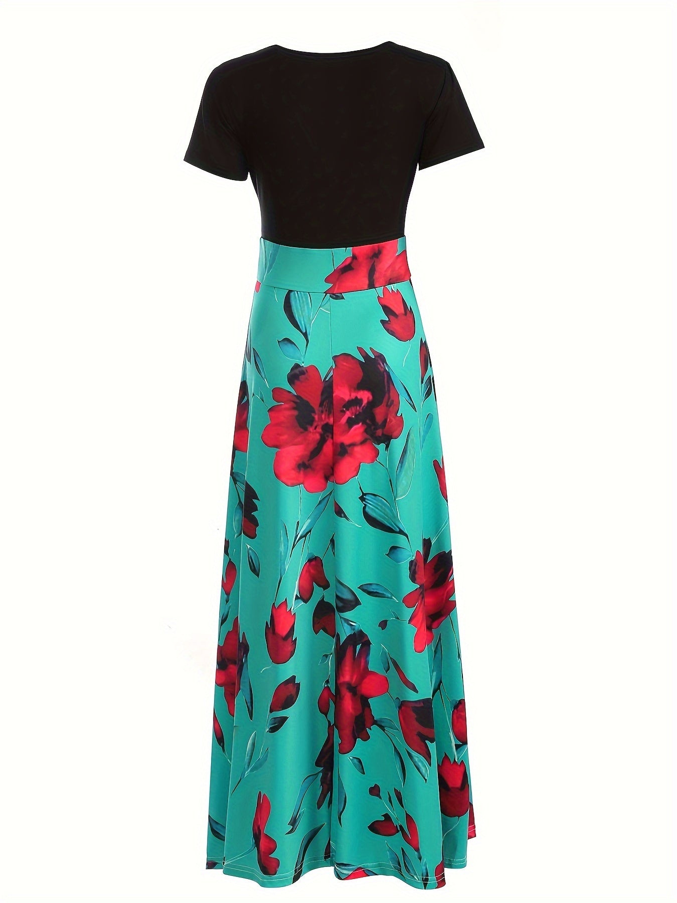 Floral Print Splicing Maxi Dress, Casual Crew Neck Short Sleeve Dress For Spring & Summer, Women's Clothing