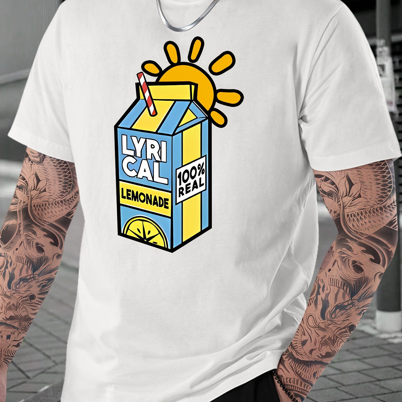 Lemonade Print, Men's Crew Neck Short Sleeve Fashion T-Shirt, Casual Comfy Top For Spring & Summer Holiday Leisure Vacation, Men's Clothing As Gift