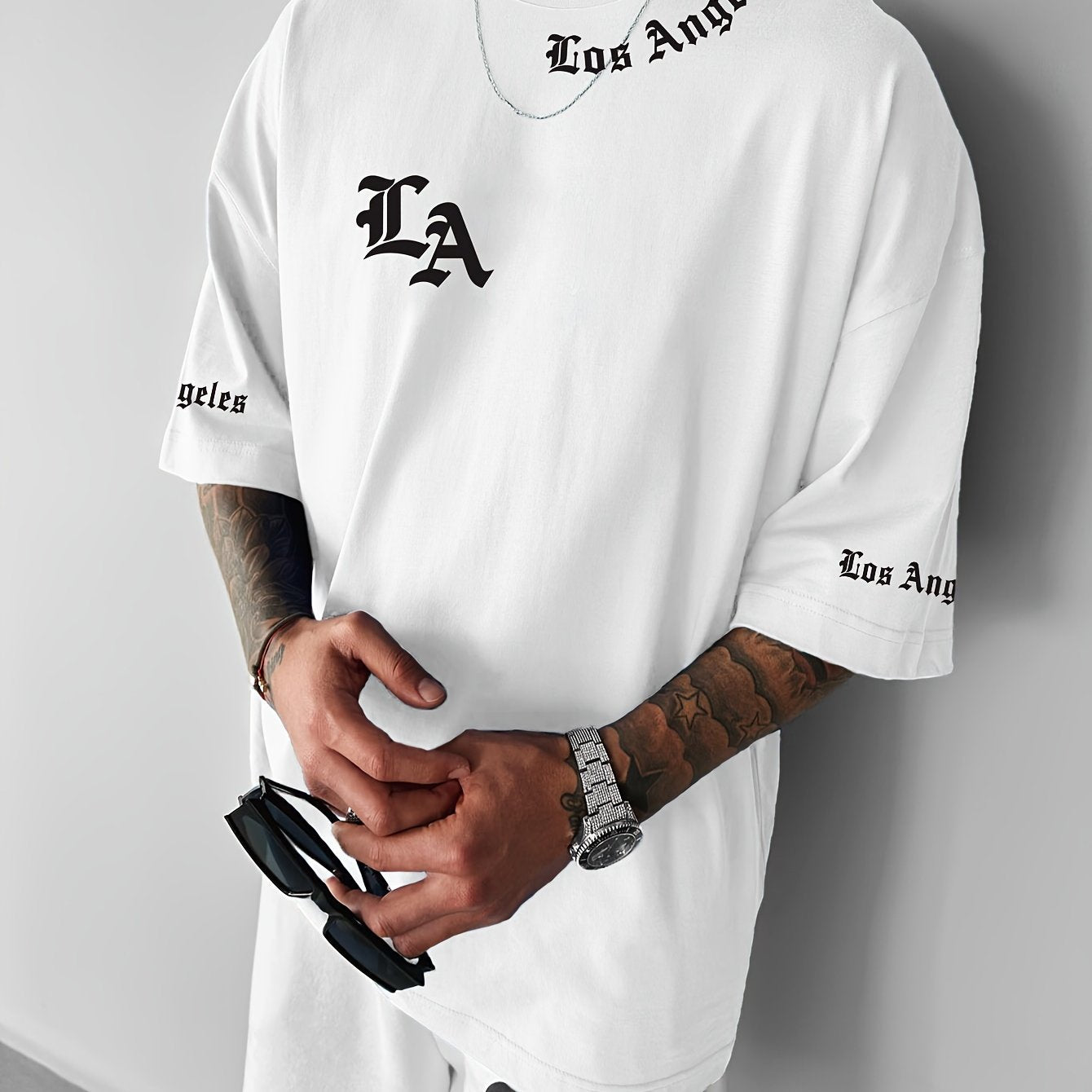 Men'S Casual Los Angeles Graphic Print T-Shirt Polyester Crew Neck Slight Stretch Summer Tee, Loose Fit Round Collar Short Sleeve Top for Men