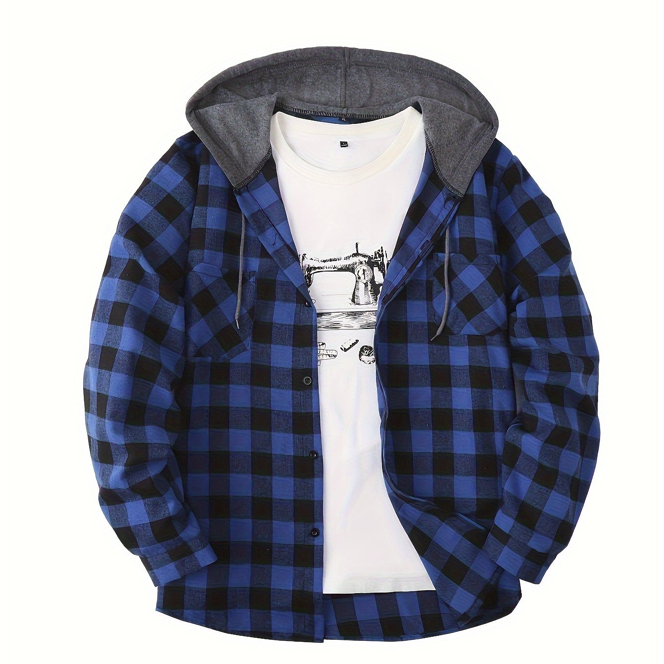 Fashionable Design Men's Plaid Pattern Hooded Long Sleeve And Button Up Shirt Jacket With Pockets, Chic And Trendy Hoodie Jacket For Outdoors Leisurewear