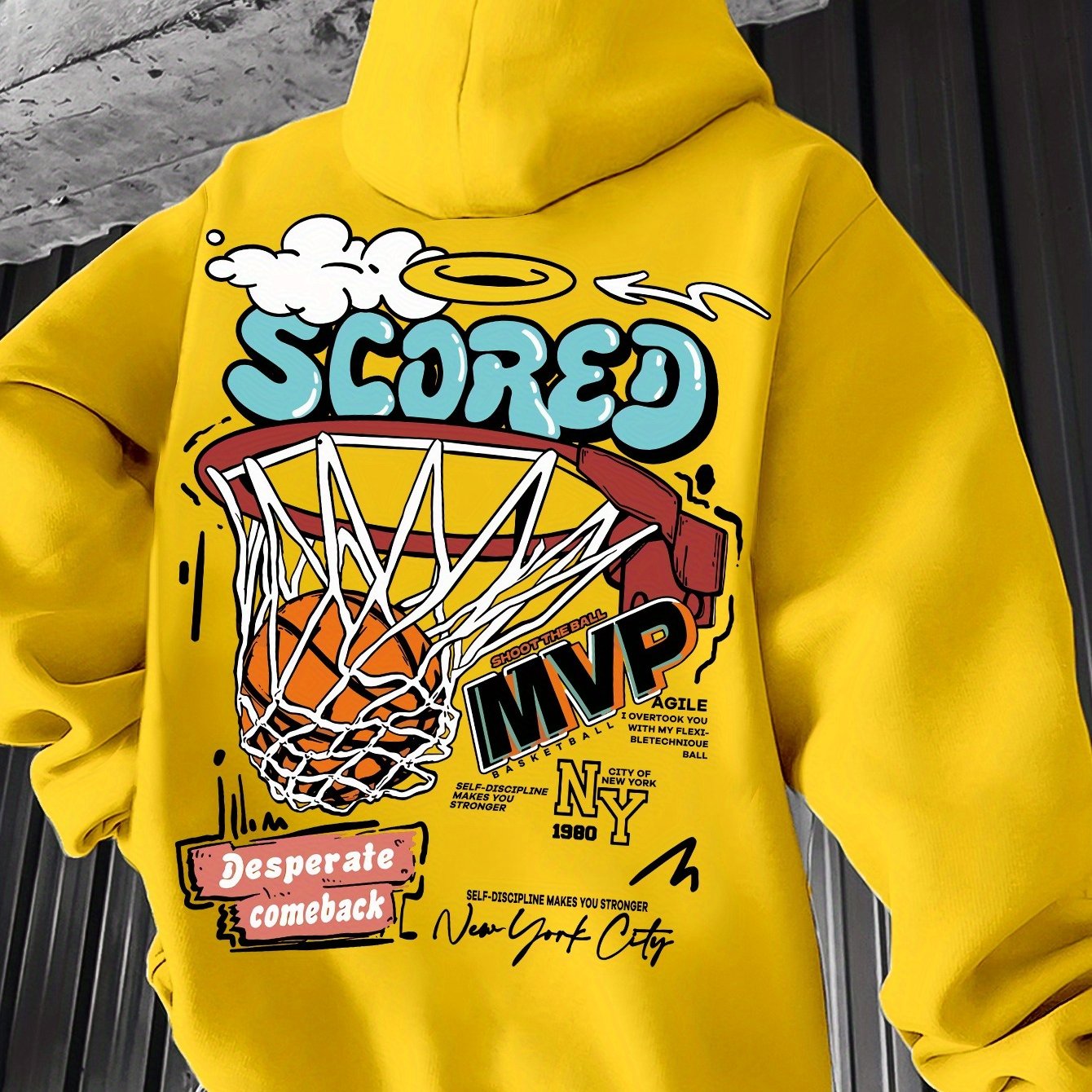 Spring/Fall Casual MVP Basketball Graphic Hoodie for Men - Knitted Fabric Regular Fit with Slight Stretch - Polyester & Elastane Blend, Geometric-Pattern, Hooded Pullover - Fashion Sportswear
