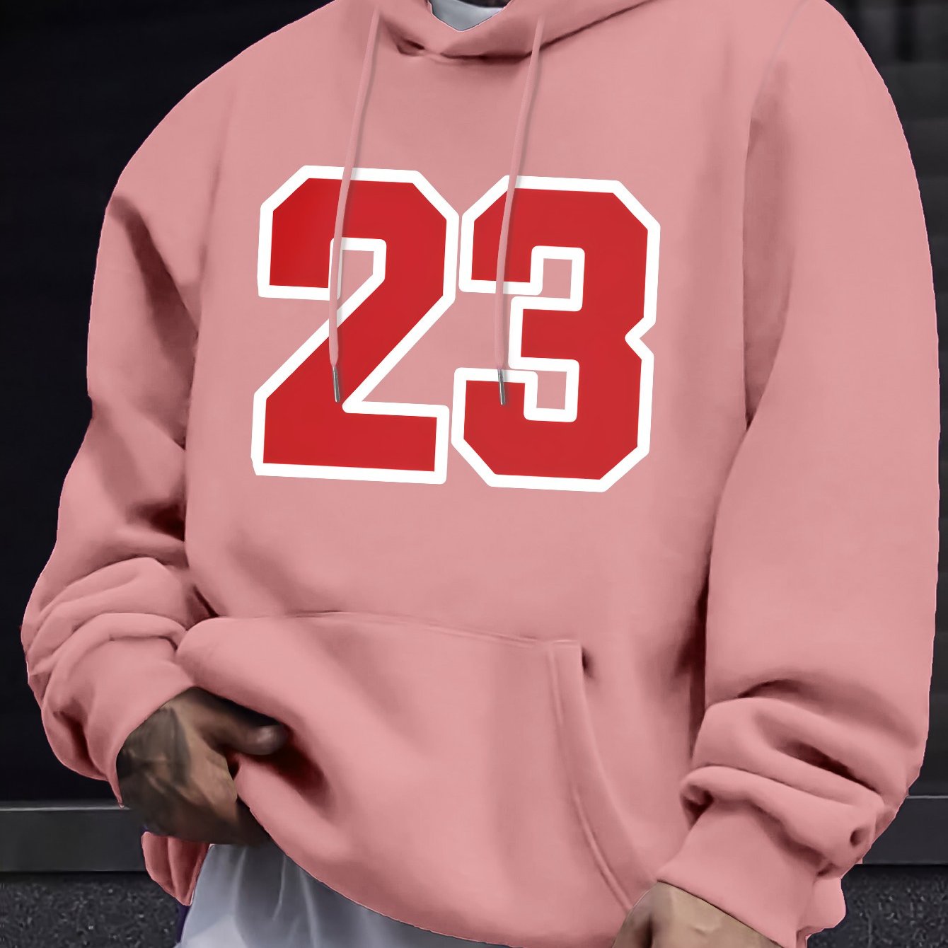 Men's Casual Hooded Sweatshirts with Geometric Number Pattern - Knit Fabric Polyester Blend with Slight Stretch, Hoodie for Spring/Fall Season - Regular Fit Pullover with Hood - Polyester 95%, Elastane 5%