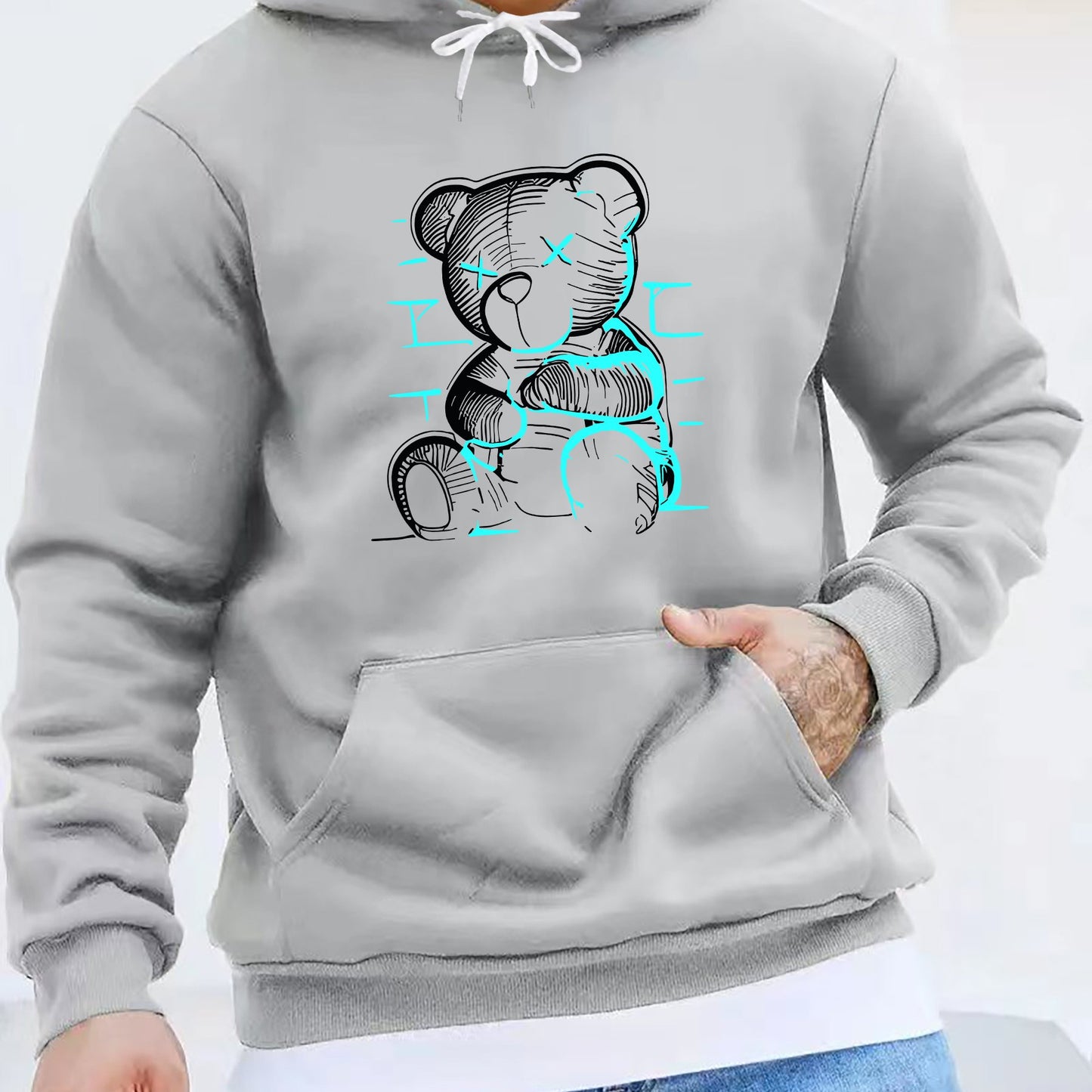 Men's Casual Printed Hoodie with Teddy Bear Design - 100% Polyester Knit Fabric with Slight Stretch, Regular Fit, Hooded Collar Style, Solid Color with Graphic Print, Casual Long Sleeve Pullover