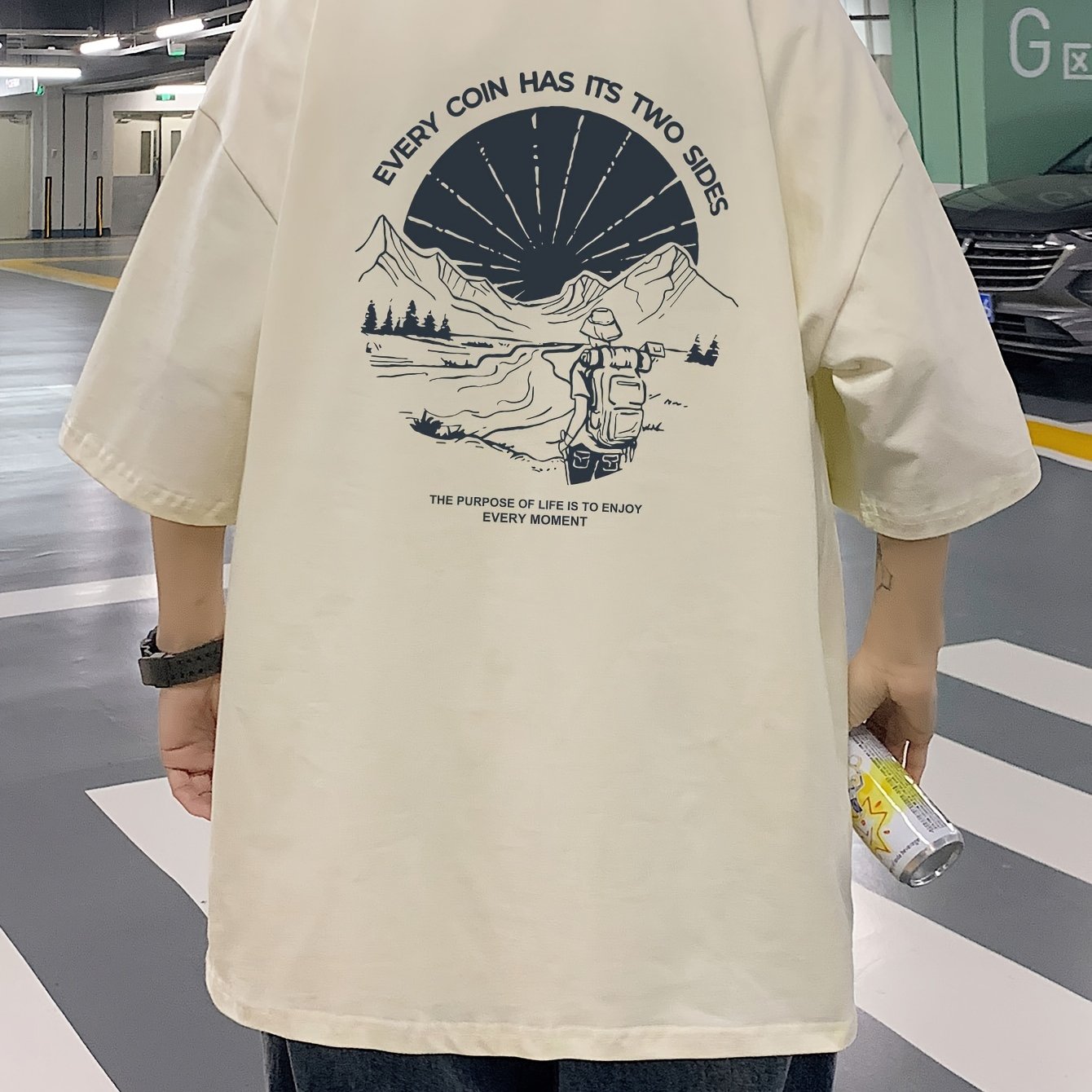 Men's Loose 100% Cotton Mountain Graphic Print T-shirt, Casual Short Sleeve Crew Neck Tee, Men's Clothing For Summer Outdoor