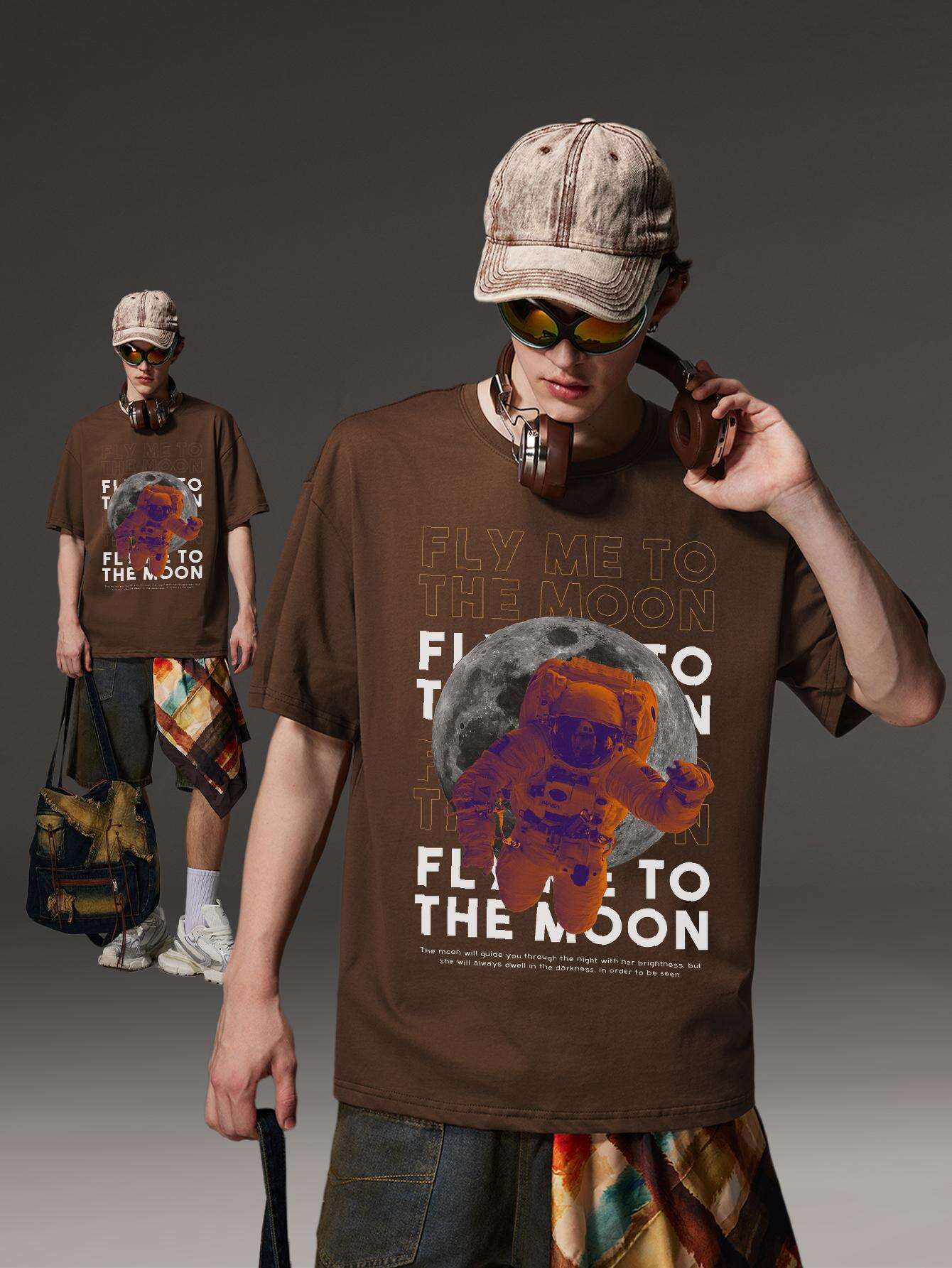 PRIVATHINKER Men's "Fly Me to The Moon" Graphic Tee - 100% Cotton, Oversized & Lightweight, Casual Summer Streetwear with Astronaut & Moon Design, Short Sleeve, Round Neck