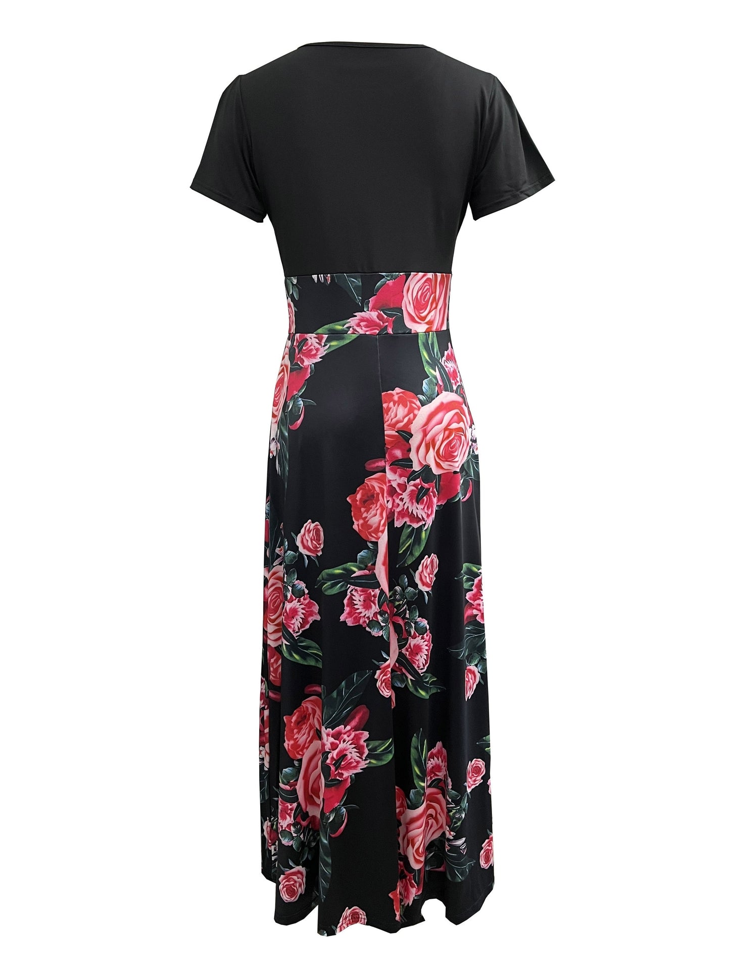 Floral Print Splicing Maxi Dress, Casual Crew Neck Short Sleeve Dress For Spring & Summer, Women's Clothing