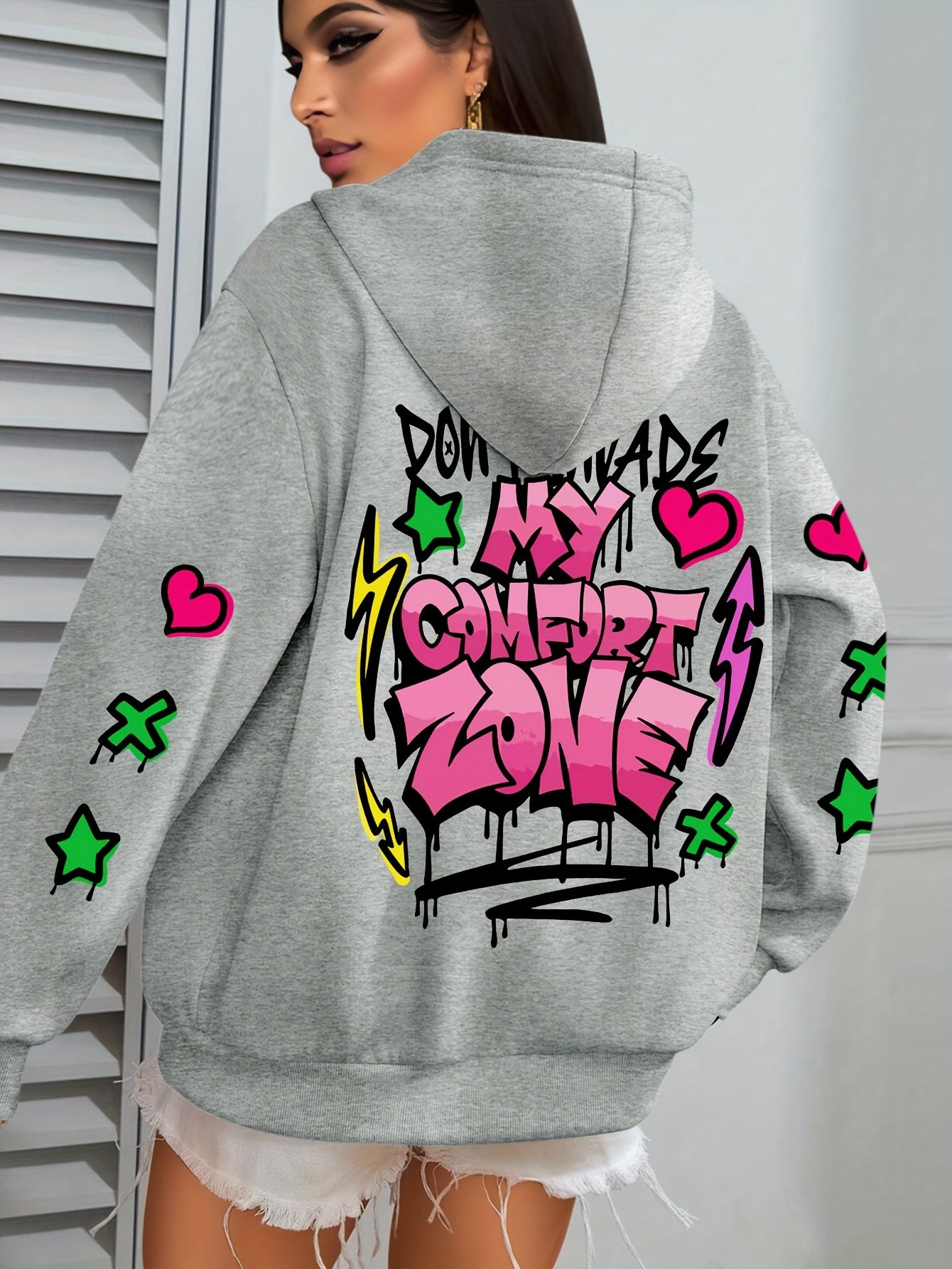 Women's Plus Size Graffiti-Style Hoodie - Casual Long Sleeve with Pocket, Purple "MY COMFORT ZONE" Graphic Hooded Sweatshirt for Fall & Winter, Cozy Pullover | Graffiti Print Hoodie | Fleecelined Comfort, Sweater Hoodie