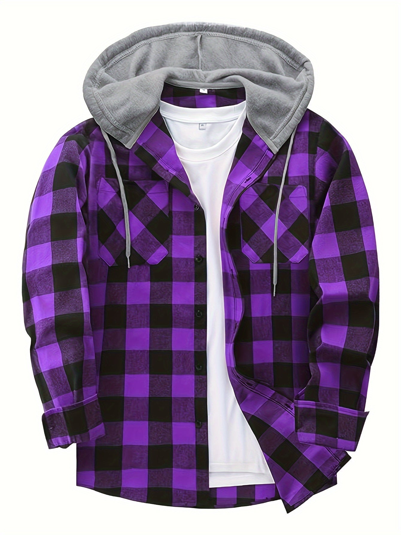 Fashionable Design Men's Plaid Pattern Hooded Long Sleeve And Button Up Shirt Jacket With Pockets, Chic And Trendy Hoodie Jacket For Outdoors Leisurewear