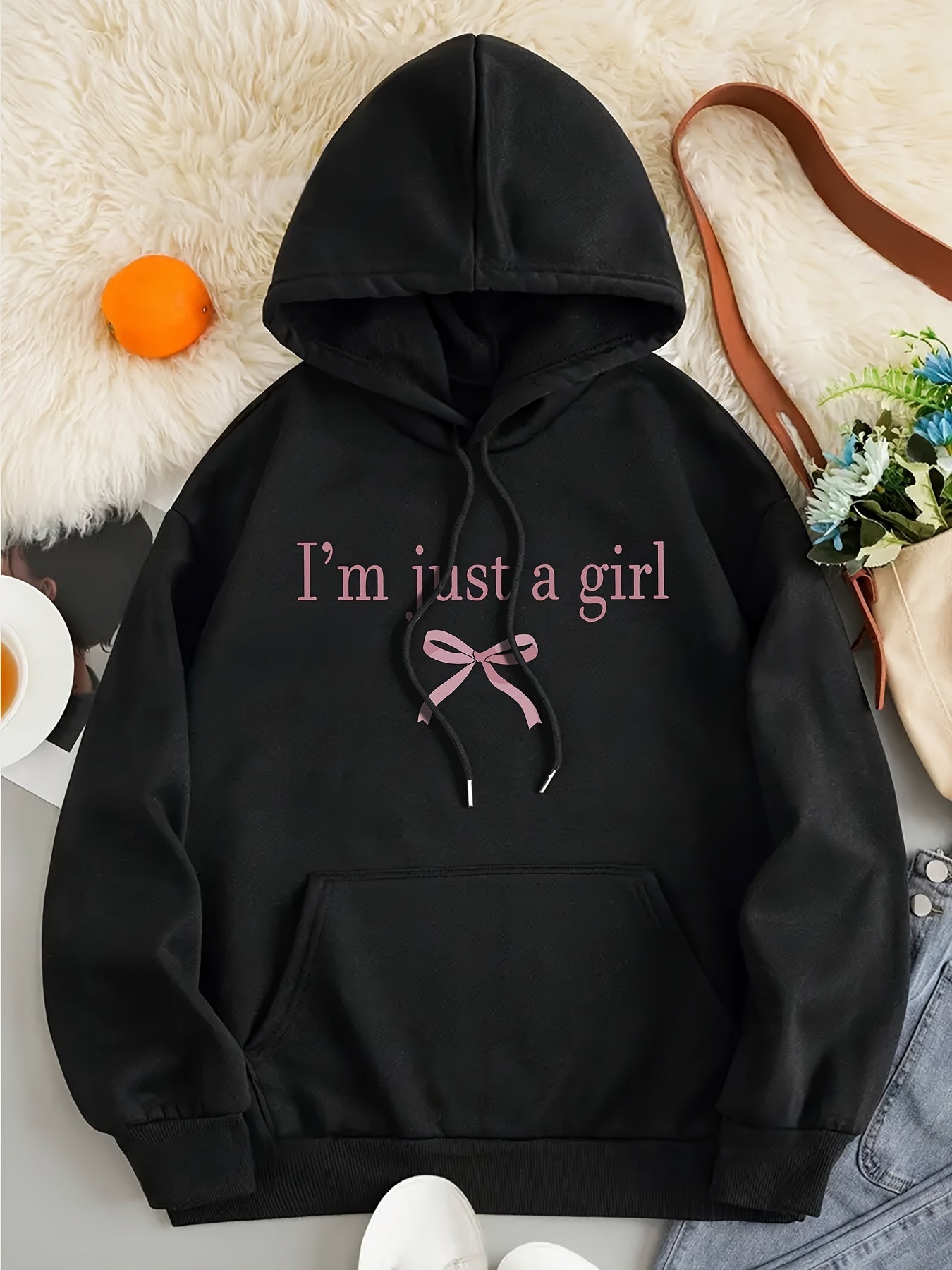 Women'S Casual Letter & Bow Print Hoodie, Polyester Stretch Fabric, Regular Fit with Kangaroo Pocket, Fashionable Pullover Sweatshirt for Adults, Winter Knitwear