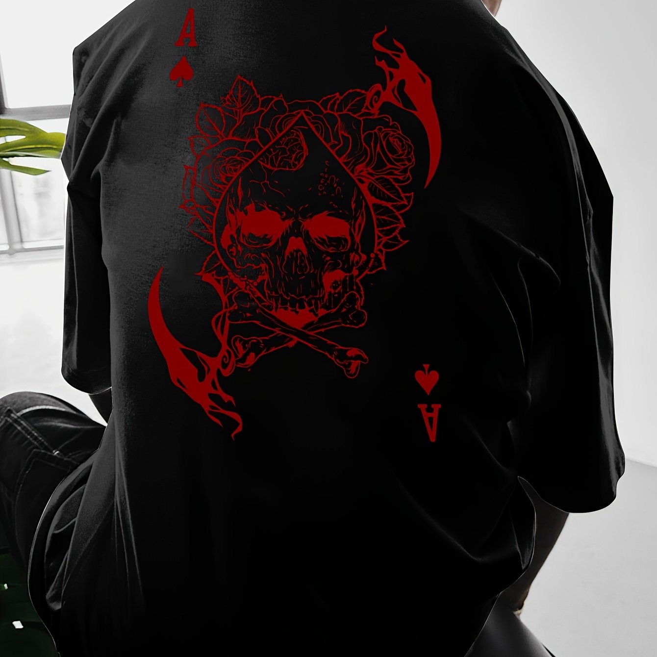 Men's Casual Hip-Hop Street Style Death Skull Ace of Spades Print T-Shirt - Loose Fit, Round Neck, Polyester Knit Fabric, Summer Collection