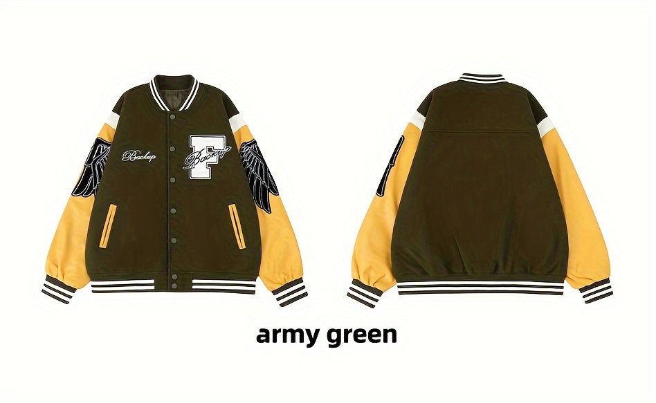 Men's Letter Double-wing Embroidery Varisty Jackets Vintage Long Sleeve PU Leather Patchwork Baseball Coats for Autumn&Winter