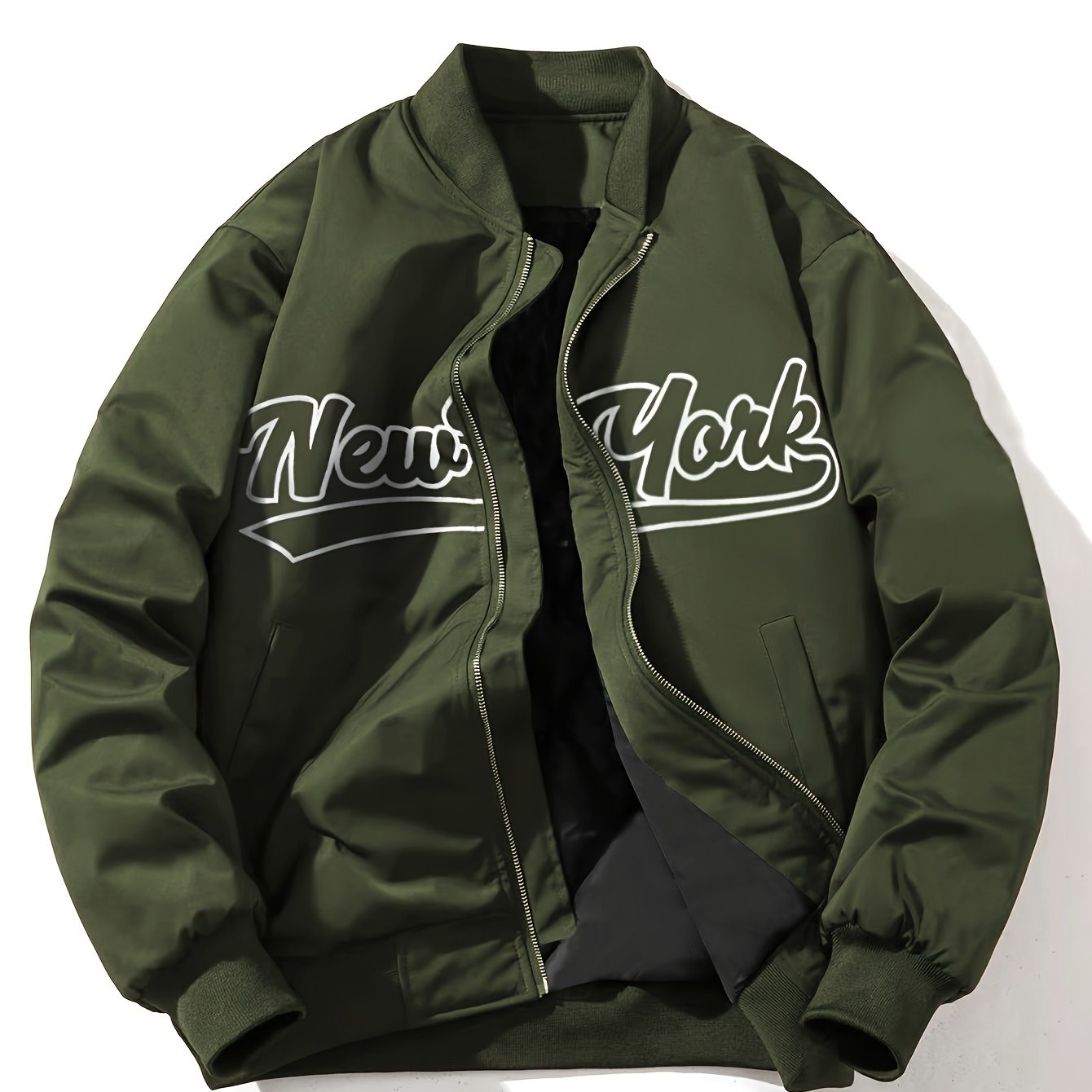 1pc Men'S Casual Bomber Jacket, Polyester 100% Lightweight Windbreaker, Letter Print, Baseball Collar, Long Sleeve, Regular Fit with Pockets, Zippered Front - Daily and Leisure Wear