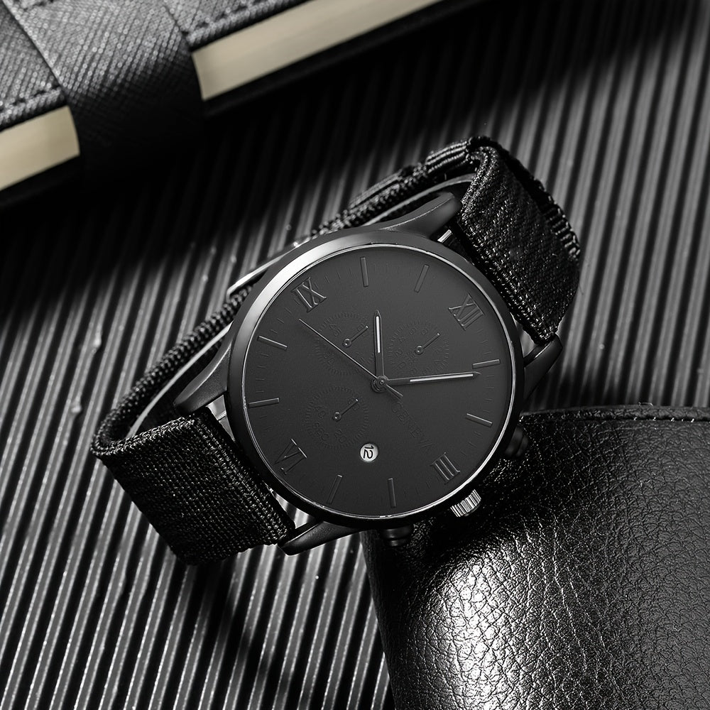 Middle East, Ramadan Men Watch 1pcs Men's Black Nylon Strap Casual Industrial Style Round Dial Calendar Pointer Quartz Watch And 3pcs Bracelets Watch for Men Suitable for Men Party Birthday Wear Or As Brother The Best Gift fo