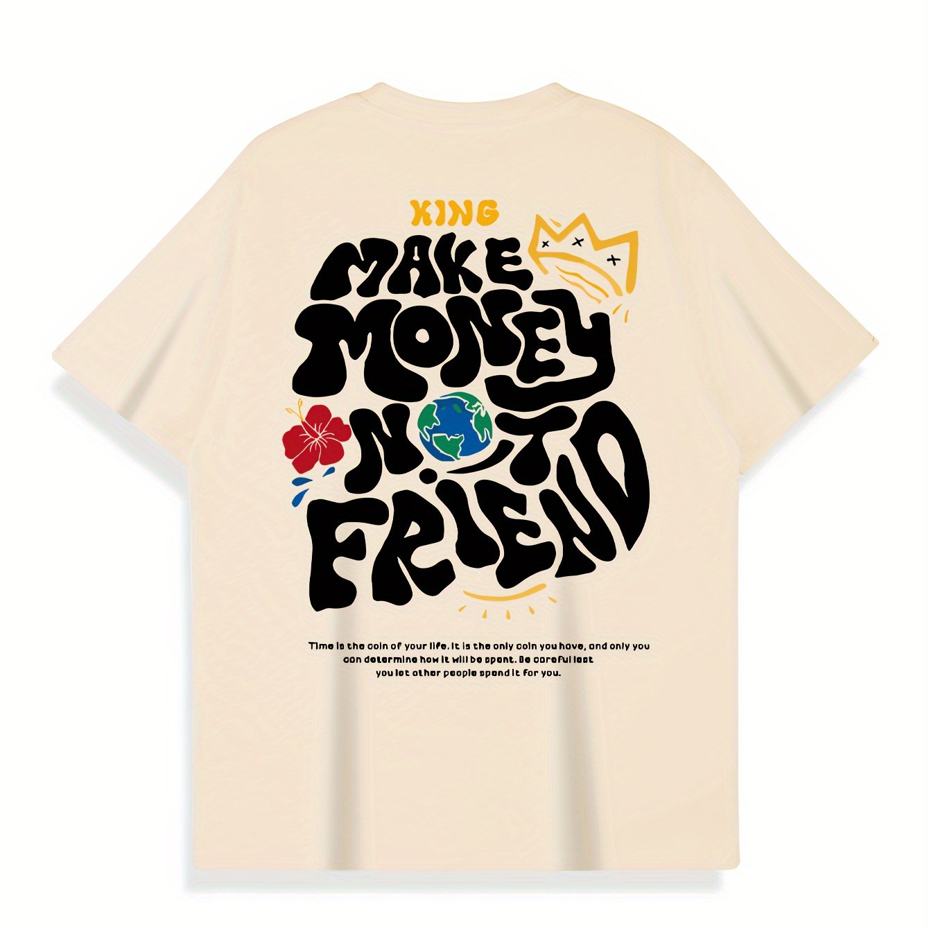Men's Crew Neck Short Sleeve T-shirt, KING MAKE MONEY Creative Pattern Back Print Cozy Cotton Tee For Summer Outdoor Casual Activities