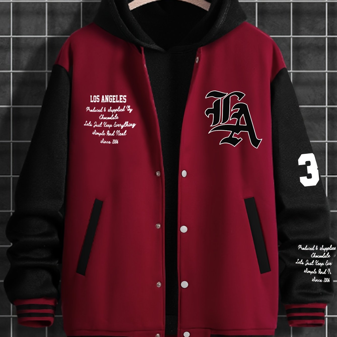 Men'S Casual LA Geometric-Pattern Baseball Jacket, 100% Polyester Knit Fabric, Regular Fit, with Slight Stretch, Button Closure and Polyester Lining, for All-Season Outerwear