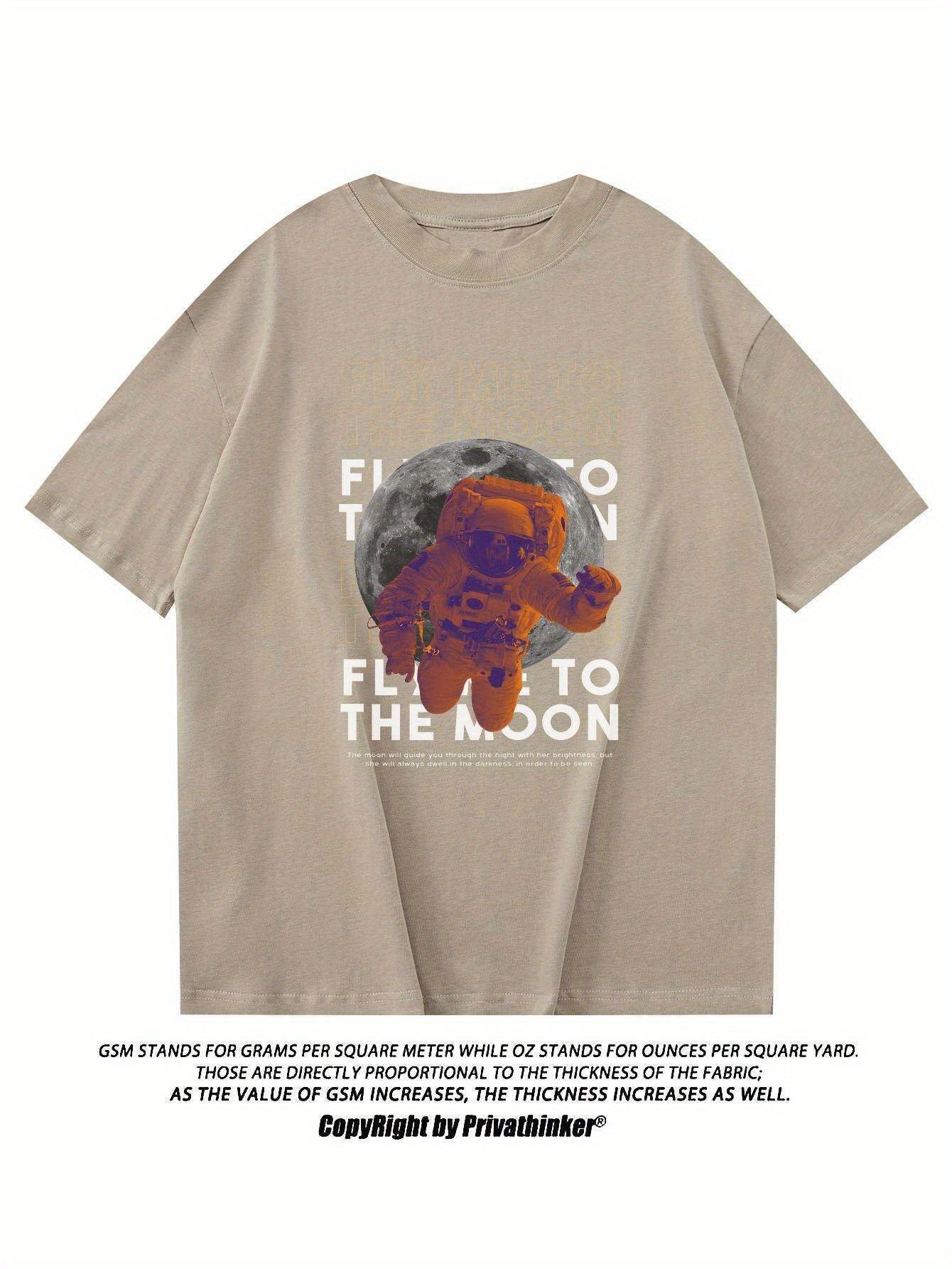 PRIVATHINKER Men's "Fly Me to The Moon" Graphic Tee - 100% Cotton, Oversized & Lightweight, Casual Summer Streetwear with Astronaut & Moon Design, Short Sleeve, Round Neck