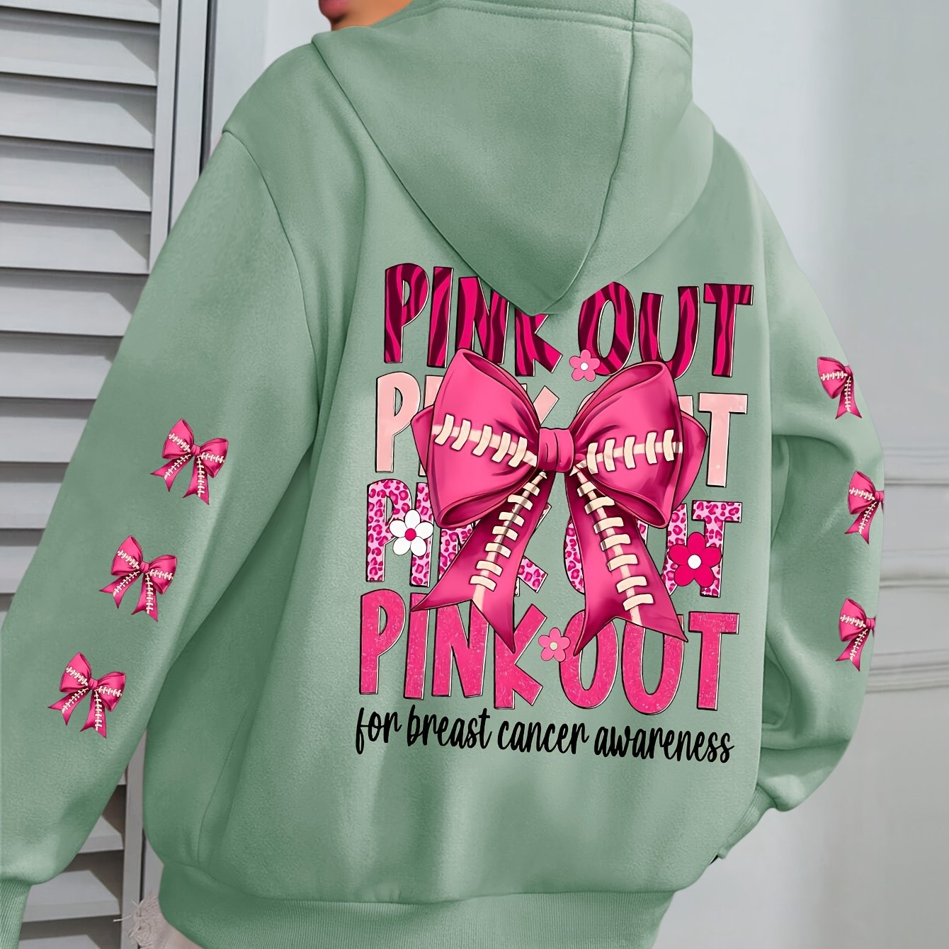 Women'S Plus Size Hoodie with Pink Ribbon Bowknot Print, Casual Long Sleeve Pullover with Pocket, 100% Polyester Knit Fabric, Slight Stretch, Fall/Winter Hooded Sweatshirt, Breast Cancer Awareness Design