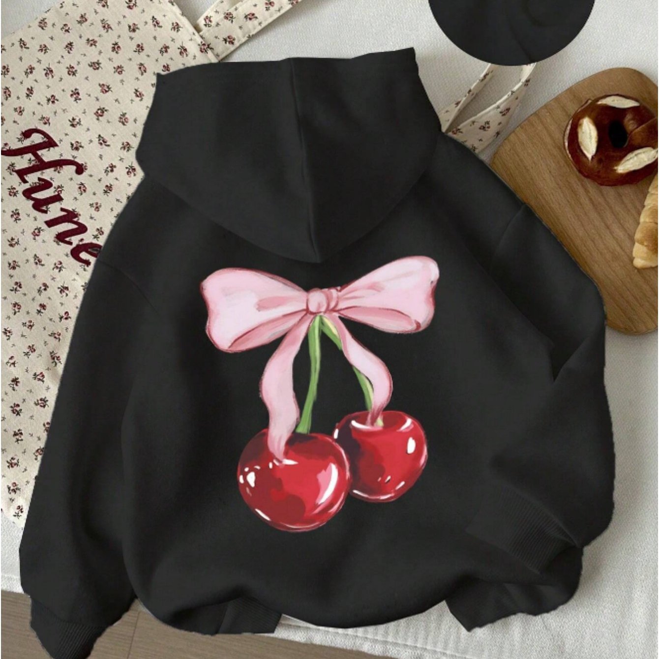 Women'S Casual Polyester Hoodie with Cherry Bow Graphic Print, Drawstring Hooded Sweatshirt, All-Season Knit Fabric Pullover, 100% Polyester, 250g/m² - Cozy & Stylish