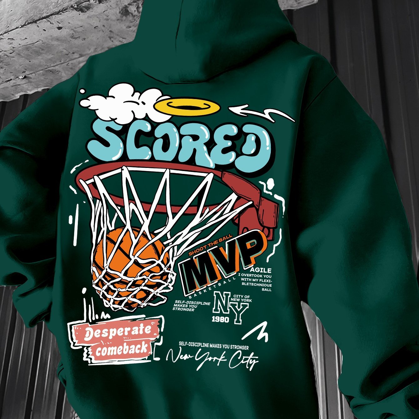 Spring/Fall Casual MVP Basketball Graphic Hoodie for Men - Knitted Fabric Regular Fit with Slight Stretch - Polyester & Elastane Blend, Geometric-Pattern, Hooded Pullover - Fashion Sportswear