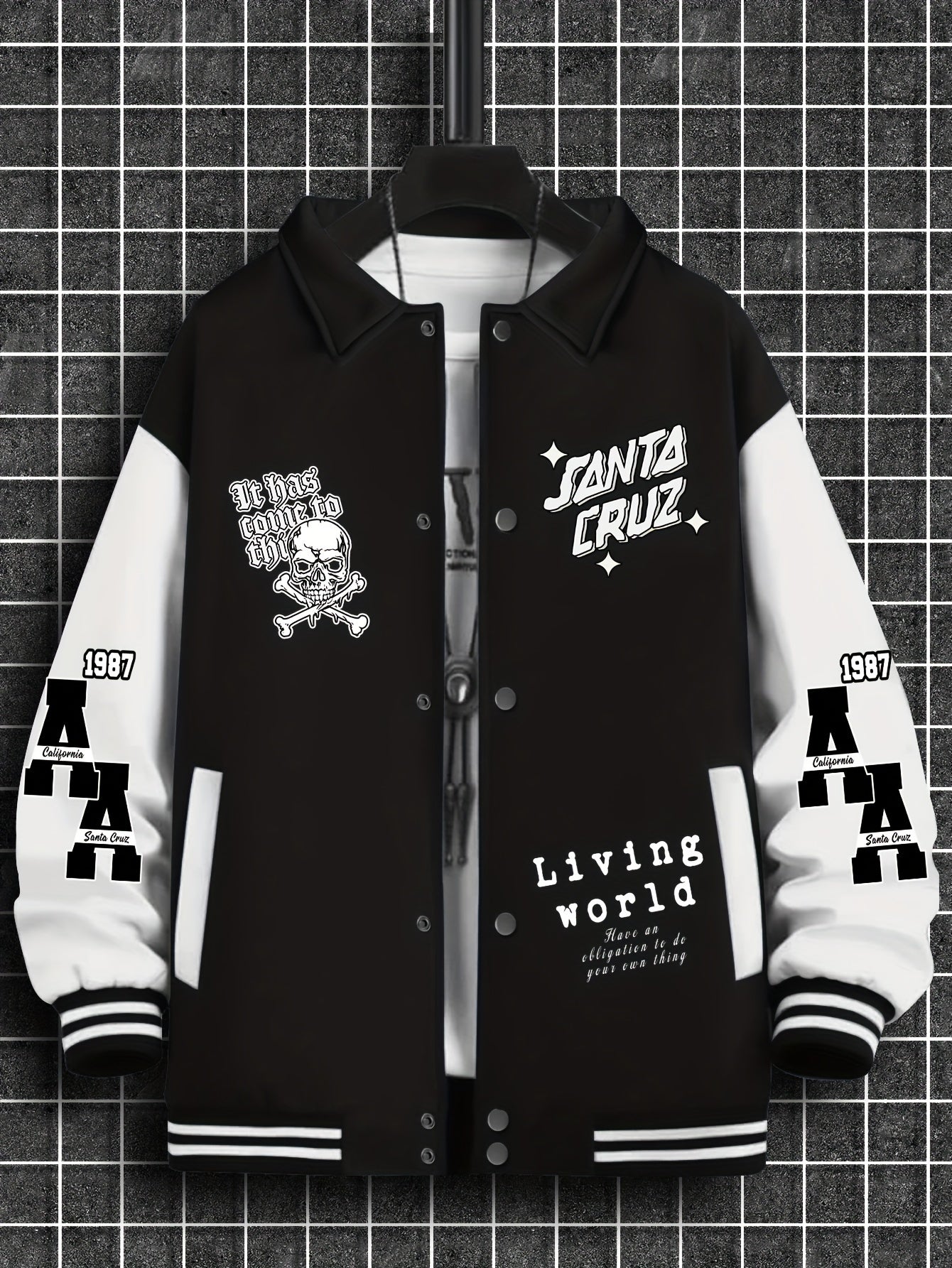 Men's Trendy Casual Baseball Jacket with Unique Print Design - Thick, Warm Polyester, Machine Washable, Collared Style