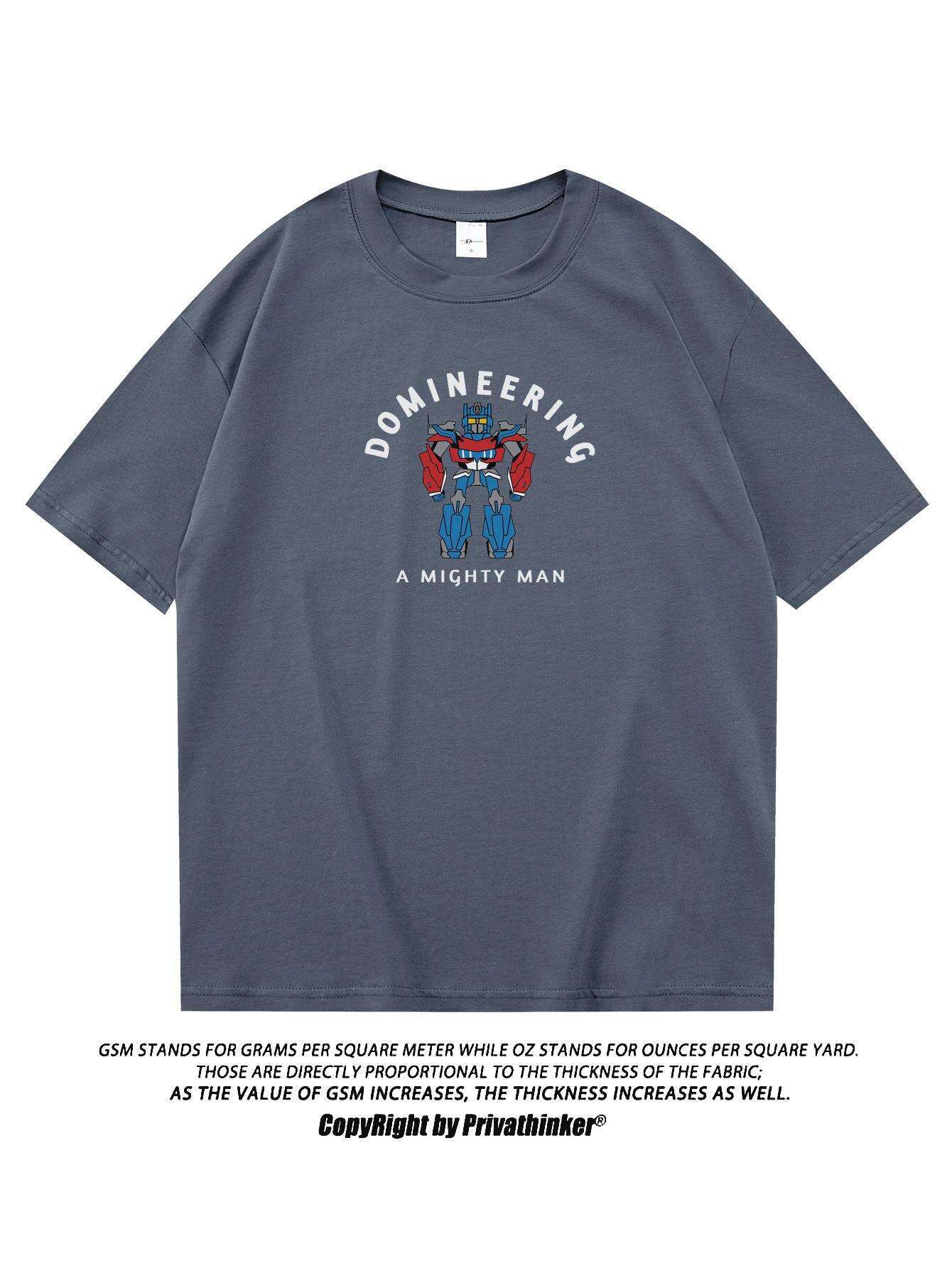 PRIVATHINKER "Domineering A Mighty for Man" Graphic Tee - 100% Cotton, Oversized Casual Hip Hop Style, Short Sleeve T-Shirt with Robot Print, Summer Streetwear for Men and Women