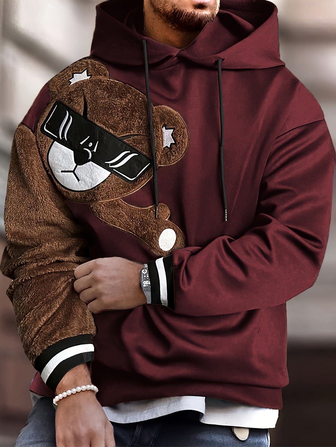 Men's Color Block Bruin Graphic Print Hoodie, Casual Long Sleeve Hooded Sweatshirt For Fall Winter Outdoor