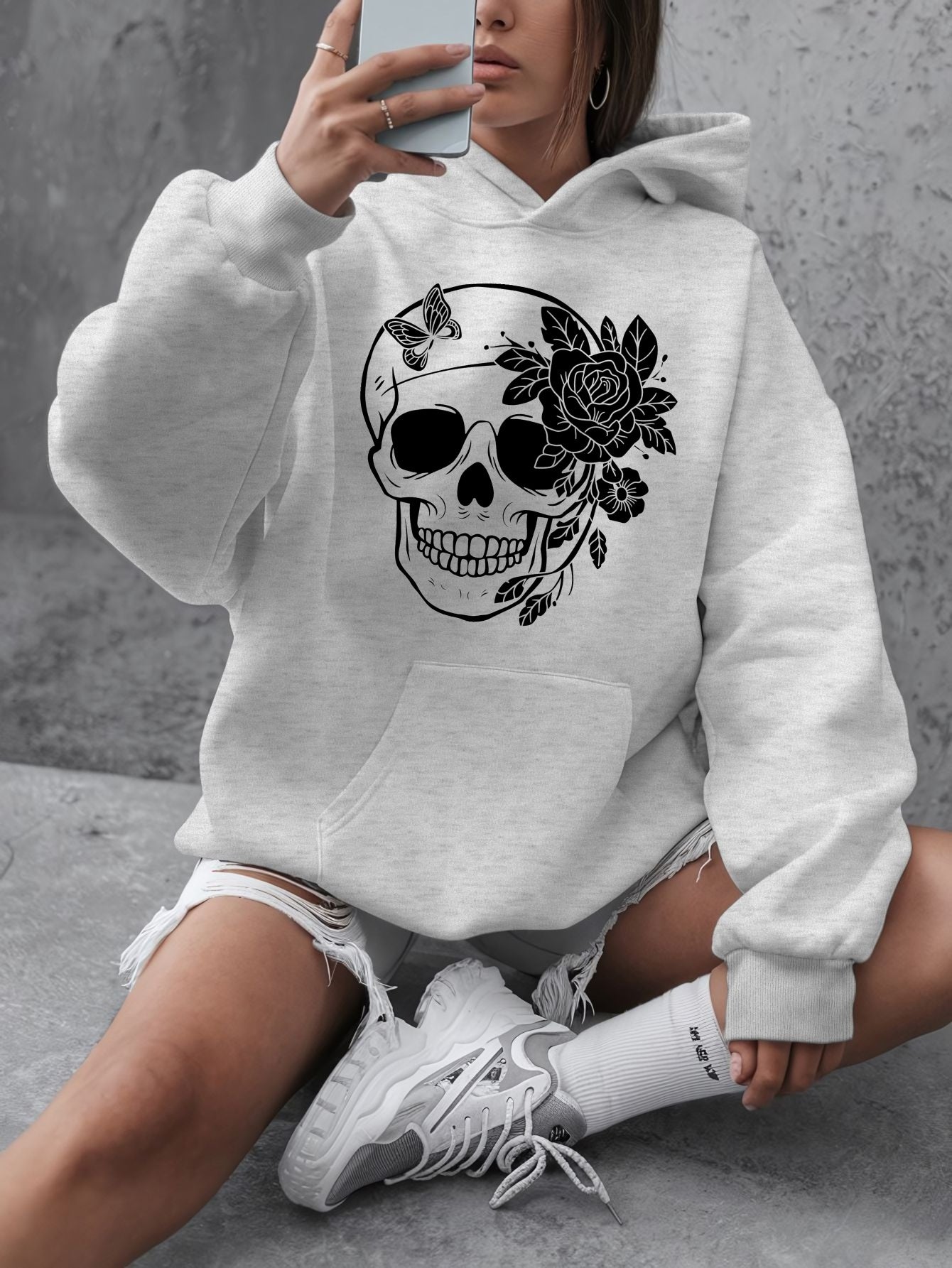 1pc Women'S Plus Size Casual Hoodie with Floral Skull Print, Polyester Knit Sweatshirt, Long Sleeve Pullover with Pockets, Letter Pattern, Round Neck Hooded Top, with Autumn/Winter Fashion