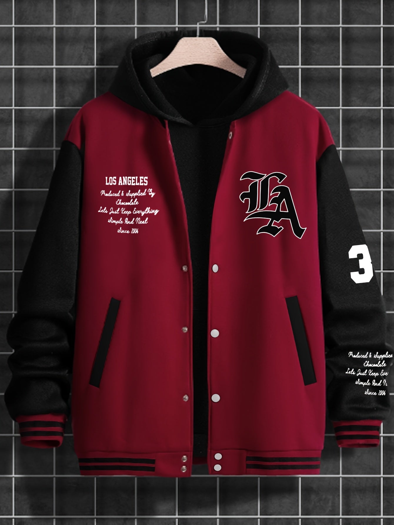 Men'S Casual LA Geometric-Pattern Baseball Jacket, 100% Polyester Knit Fabric, Regular Fit, with Slight Stretch, Button Closure and Polyester Lining, for All-Season Outerwear