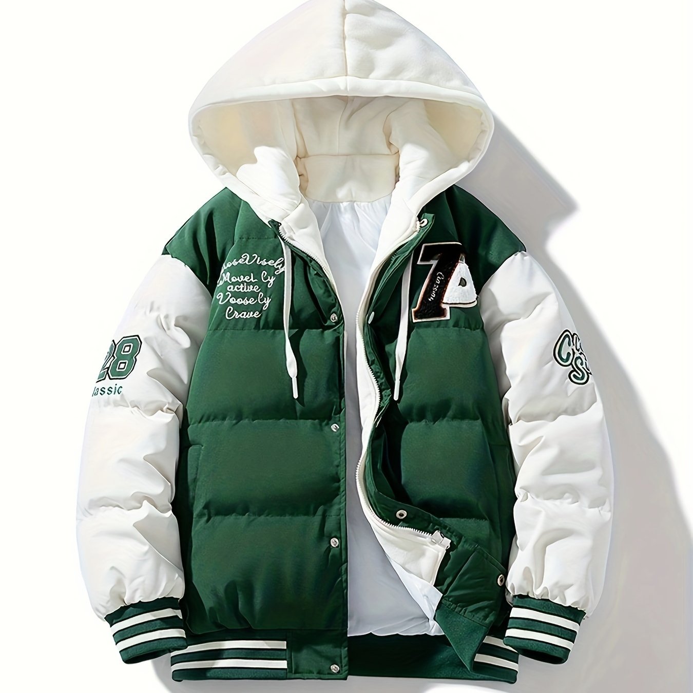 Men's Preppy Style Hooded Varsity Jacket - Casual Color Block Puffer with Embroidered Patches, Zip-Up, Long Sleeves, Polyester - Perfect for Baseball & Casual Attire, Everyday Jacket|Color Block Design|Ribbed Cuffs