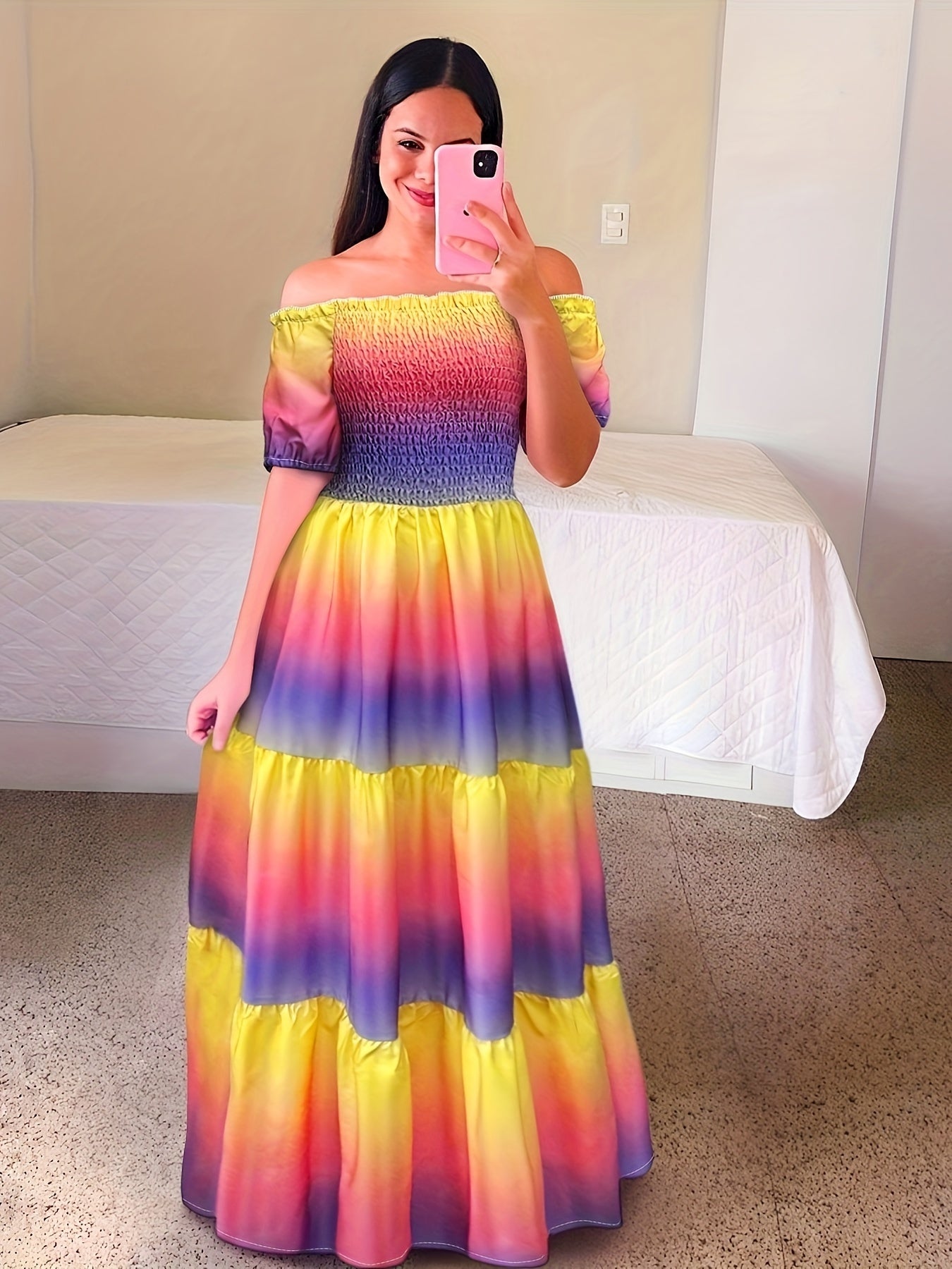 Gradient Print Tiered Dress, Casual Off Shoulder Shirred Party Dress, Women's Clothing