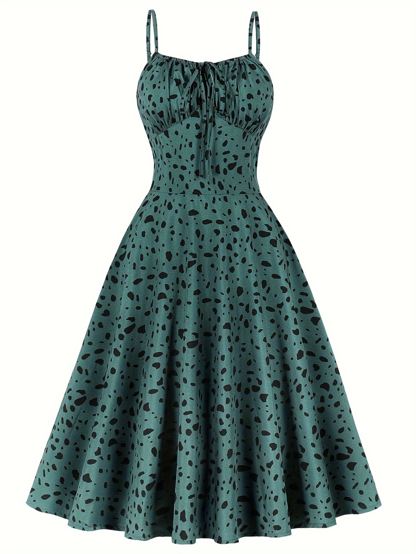 Vintage Style Polyester A-Line Dress with Ditsy Floral Pattern, Spaghetti Strap, and Faux Drawstring Detail for Women - Summer Party Cocktail Dress