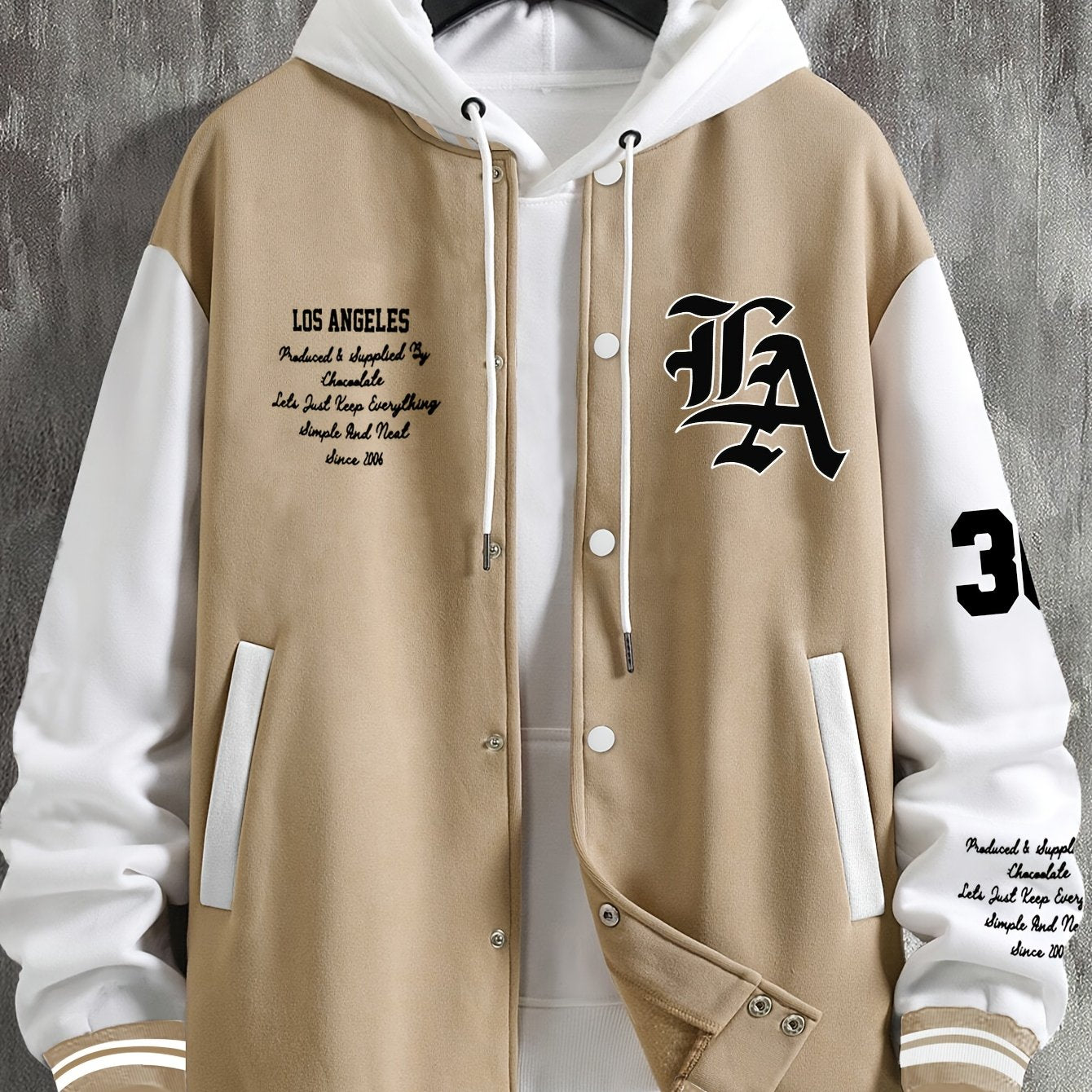 Men'S Casual LA Geometric-Pattern Baseball Jacket, 100% Polyester Knit Fabric, Regular Fit, with Slight Stretch, Button Closure and Polyester Lining, for All-Season Outerwear