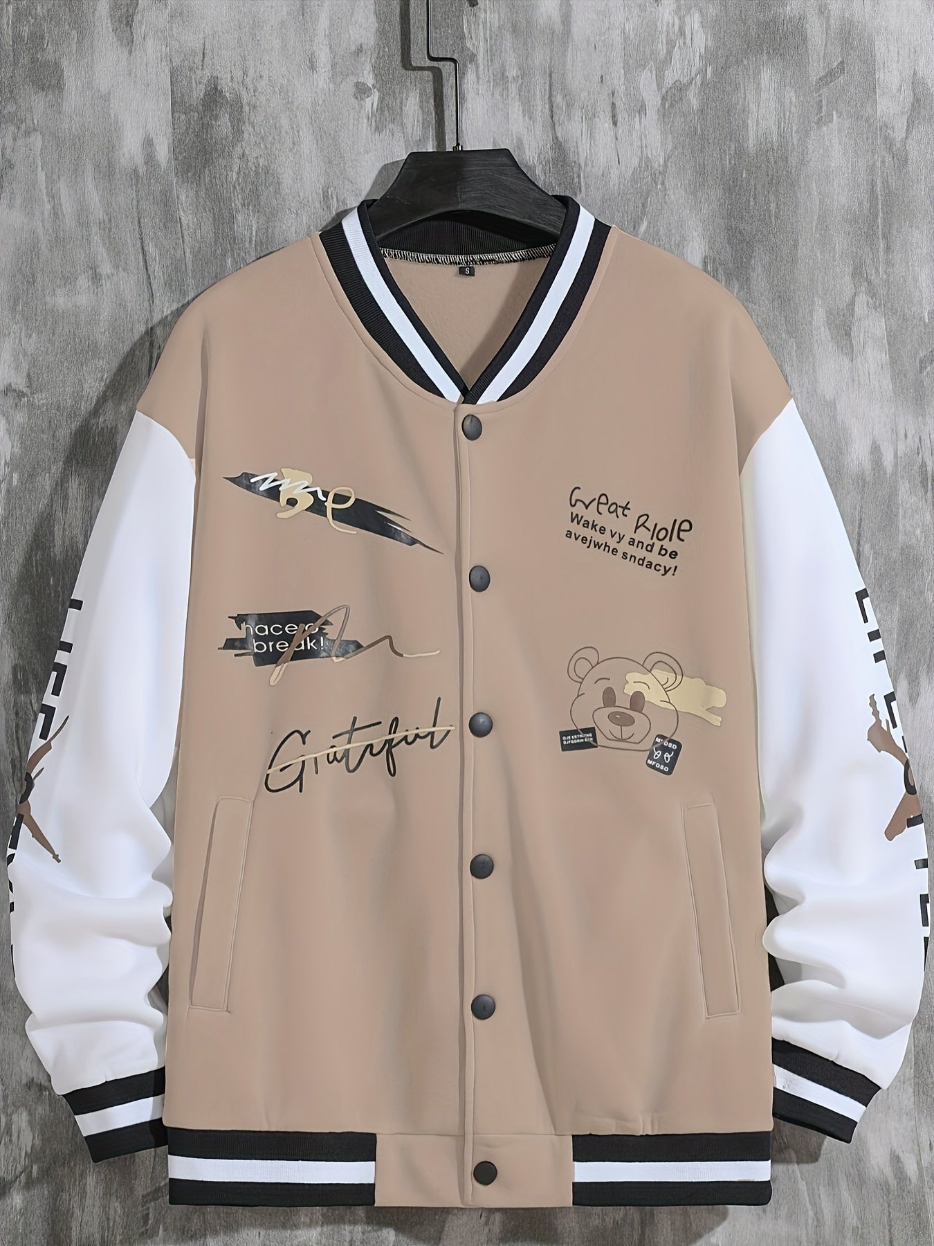 Men'S Casual Baseball Jacket, Polyester 100% Knit Fabric, Long Sleeve with Alphabet Pattern, Regular Length, Button Closure, Baseball Collar, Single Breasted Placket, Loose Fit, 200g/m² Weight - Spring/Fall Fashion