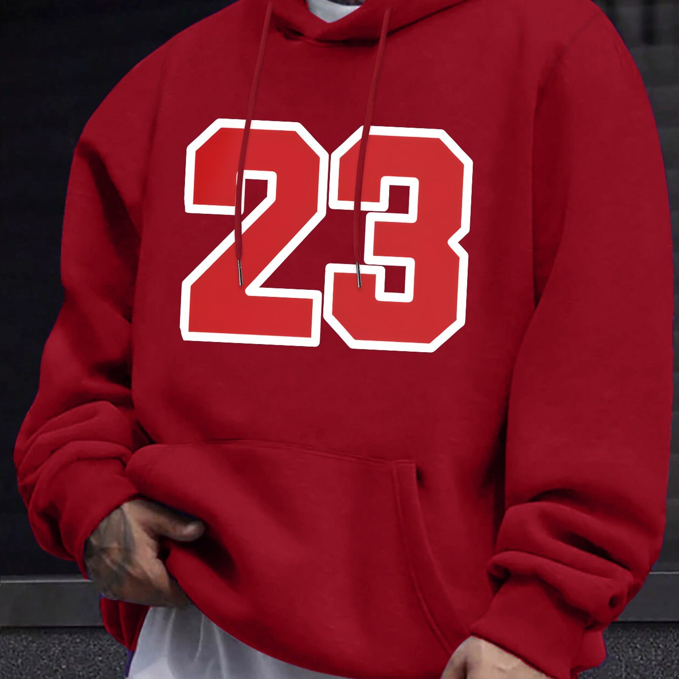 Men's Casual Hooded Sweatshirts with Geometric Number Pattern - Knit Fabric Polyester Blend with Slight Stretch, Hoodie for Spring/Fall Season - Regular Fit Pullover with Hood - Polyester 95%, Elastane 5%