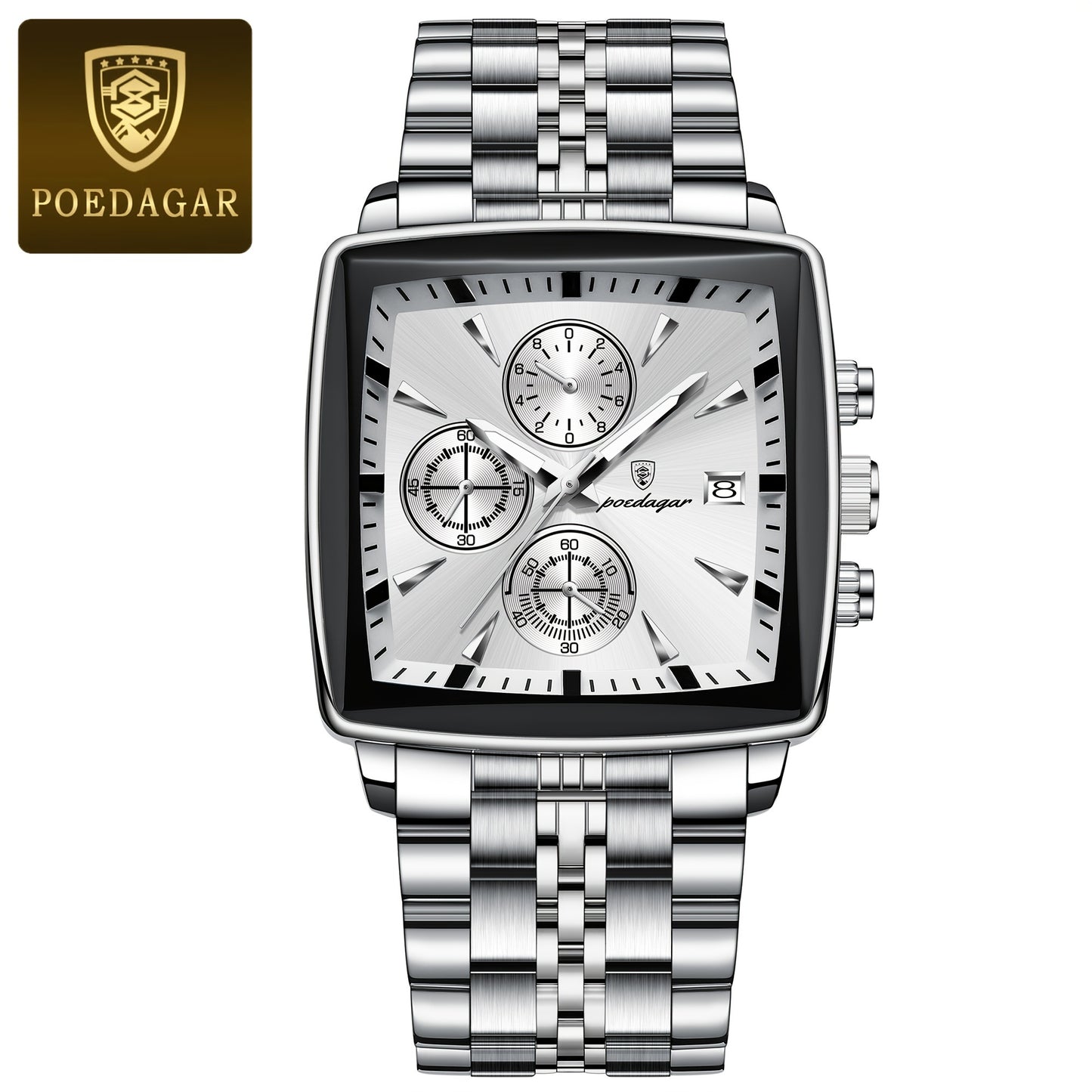 POEDAGAR Men'S Business Quartz Watch, Stainless Steel Square Dial, Luminous Hands, Date Calendar, Battery Powered, with Non-Rechargeable Button Battery, for Thanksgiving & Christmas Gifts, Water Resistant