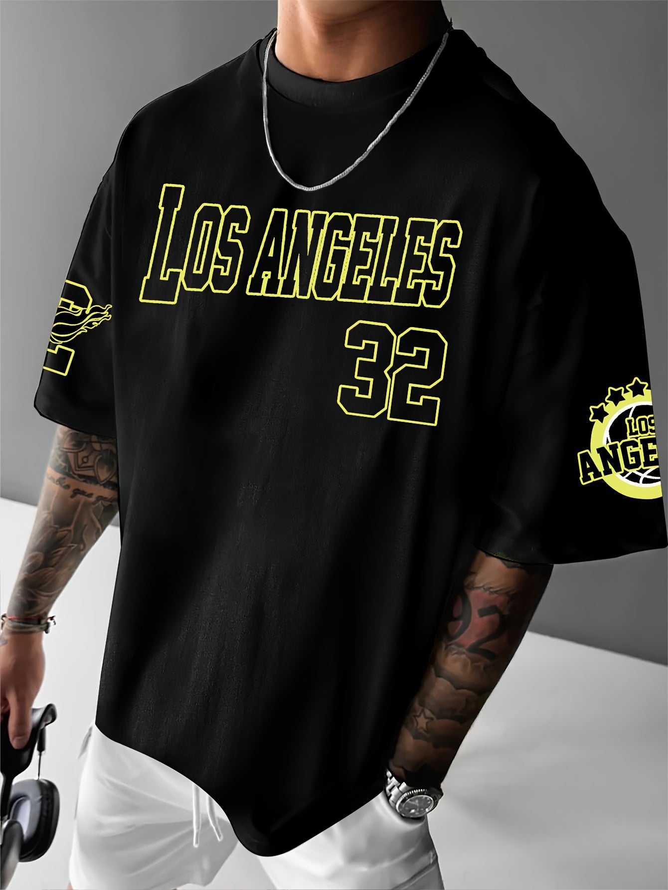 Men'S Fashion Los Angeles Print Casual Loose Crew Neck T-Shirt, 100% Polyester Knit Fabric, Slight Stretch, for Summer Wear